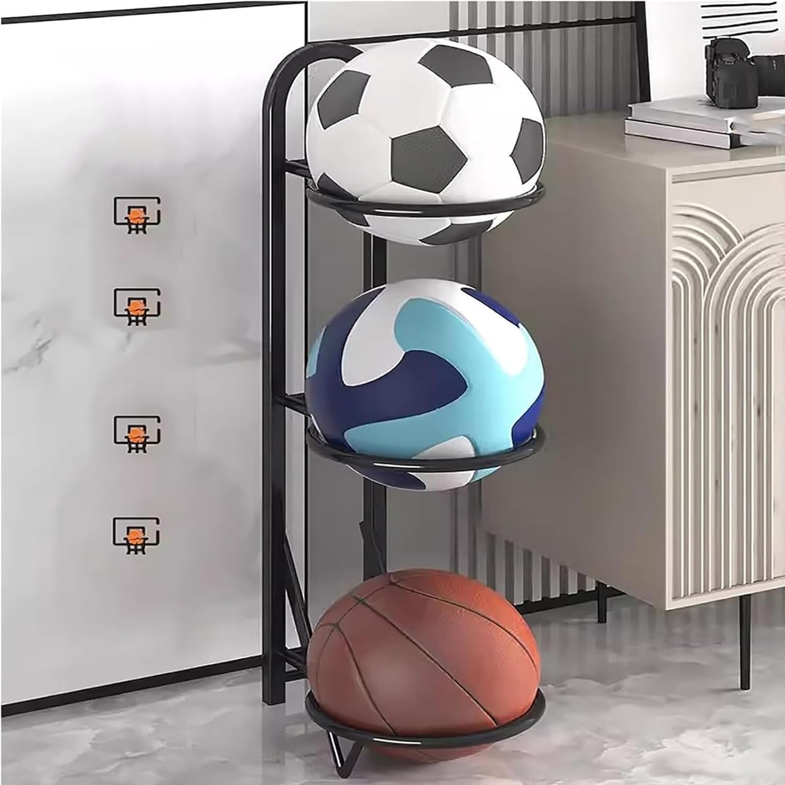 3-Tier Freestanding Basketball Storage Rack for Kids - Organize Boys & Girls Sports Equipment in Playrooms, Garages & Basements - Perfect for Child's Room, Playgroup & Sports Gear Organization