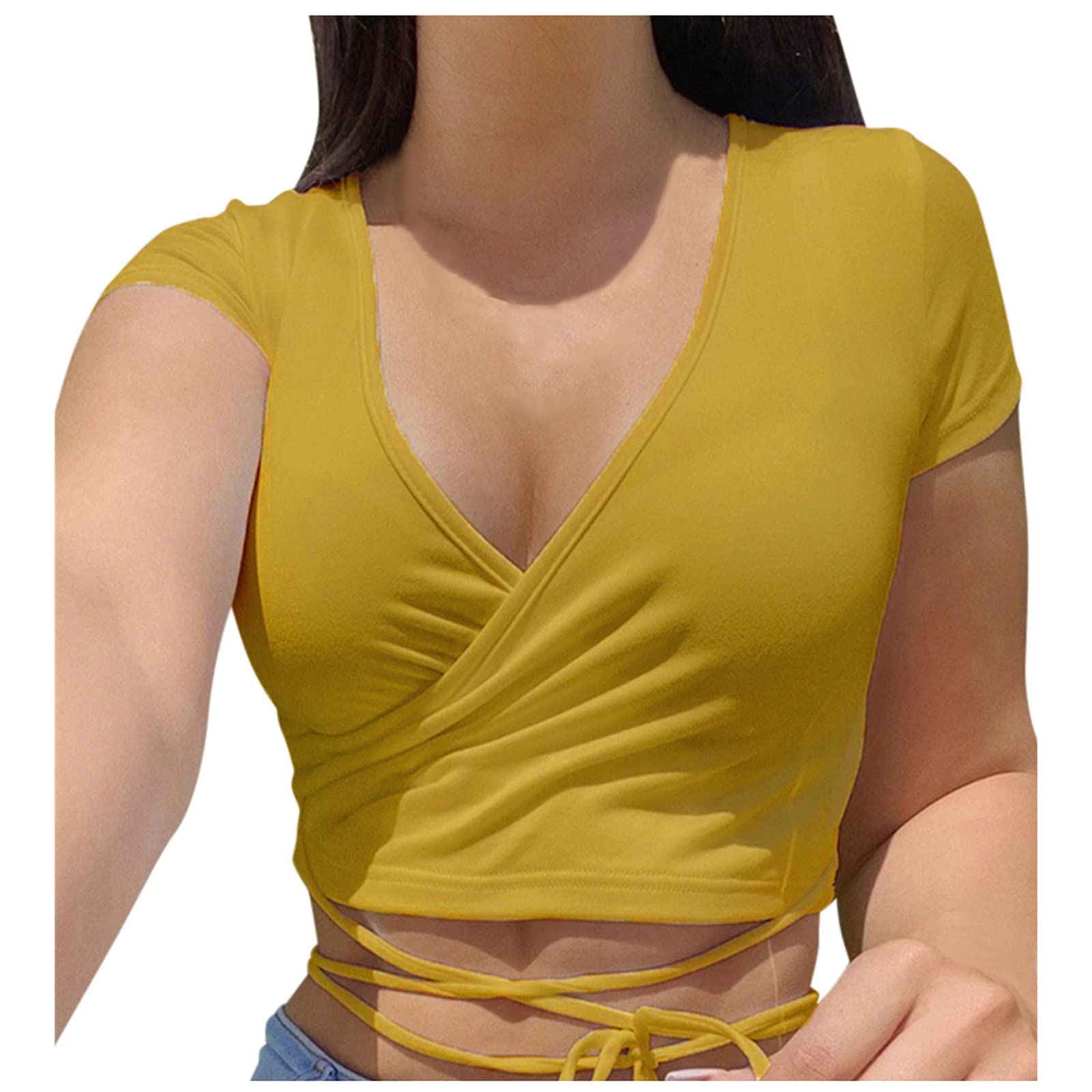 Littleice Women's Summer Tops - Cute Slim Fit Drawstring Ruched Cropped T-Shirts with Short Sleeves | Casual Outfits, Beach Wear, Street Style Fashion
