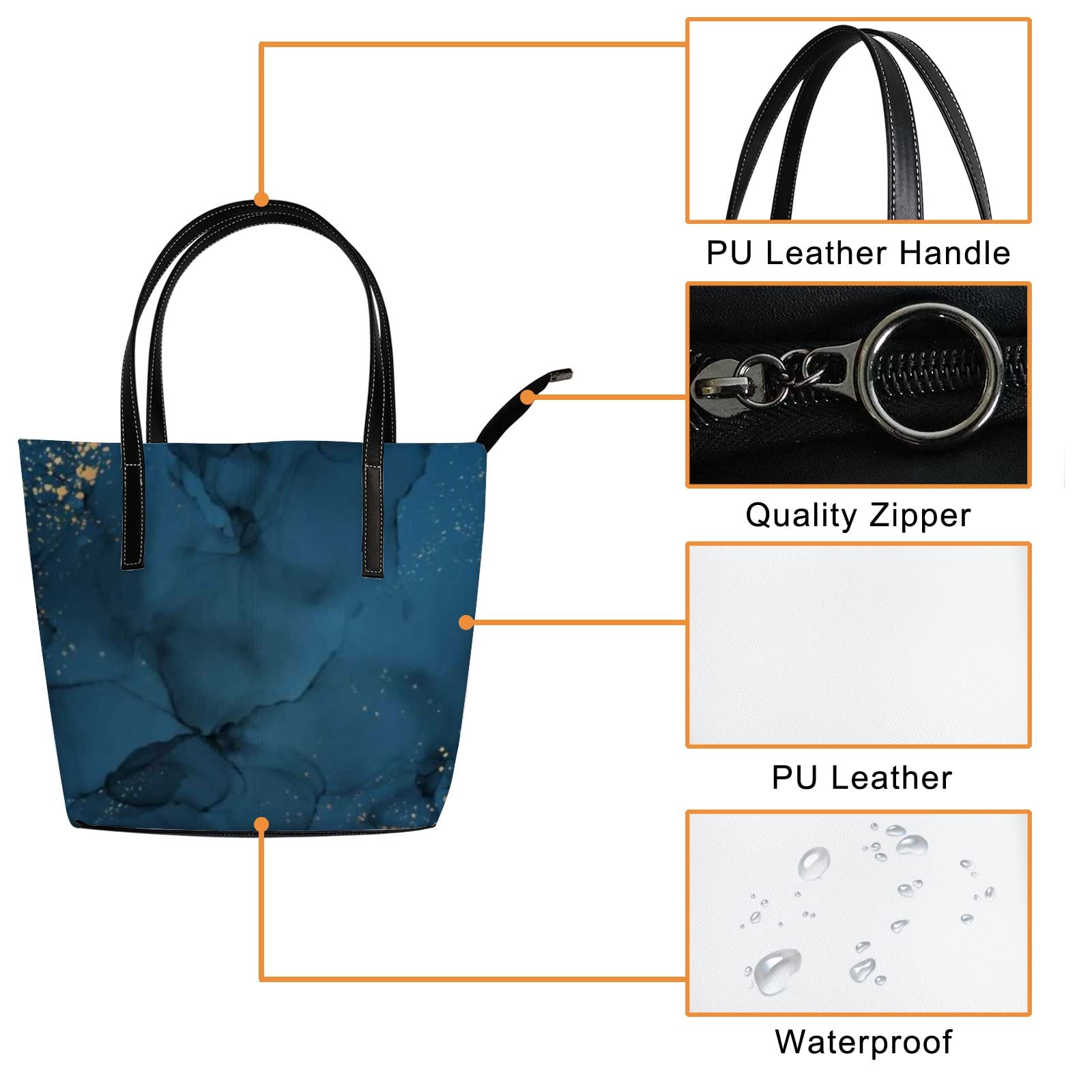 Vintage Navy Blue Leather Tote Bag with Gold Glitter Accents - Women's Crossbody & Work Handbag with Secure Zipper Closure | Perfect for Office, Travel & Everyday Use