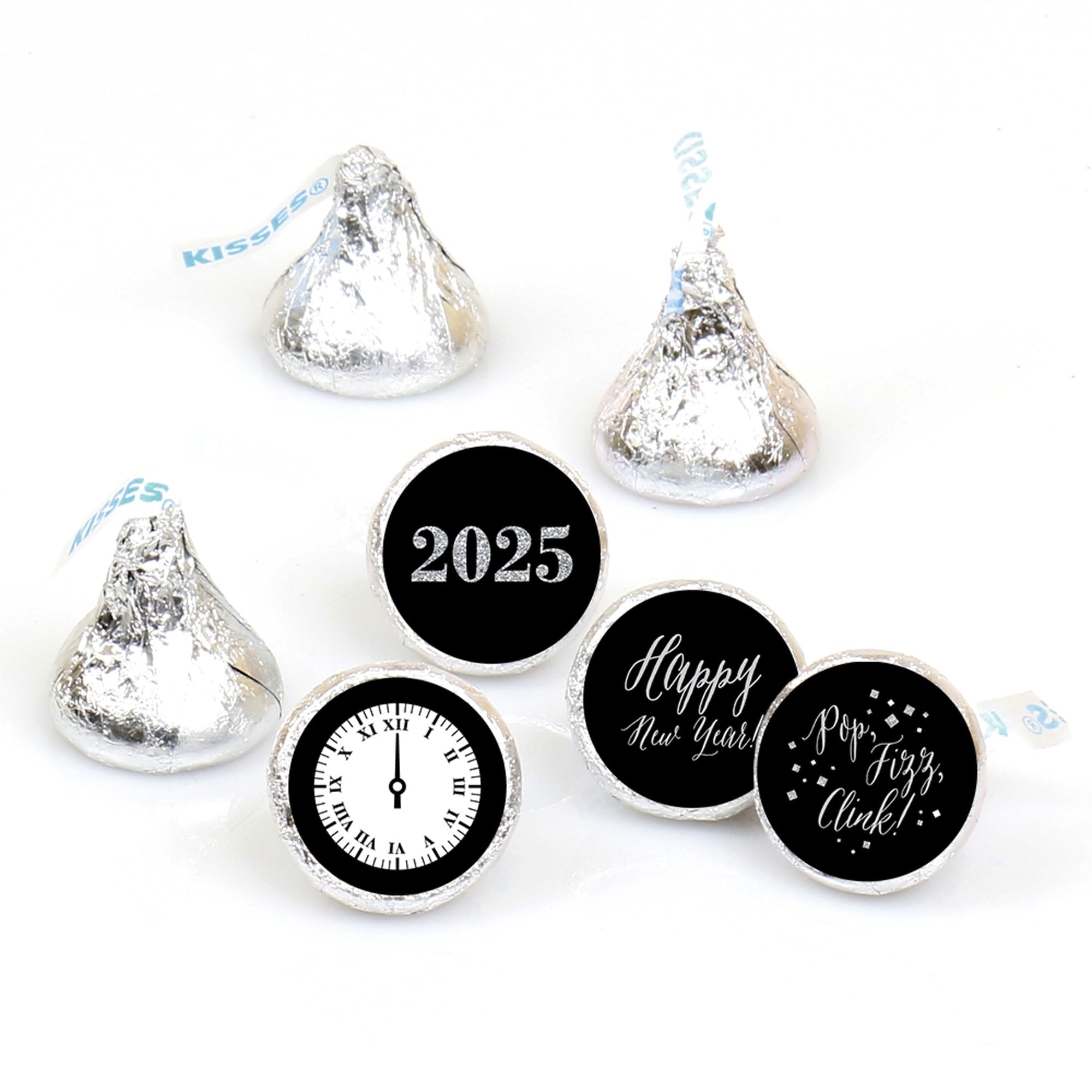 2025 New Year's Eve Party Silver Round Candy Stickers - Big Dot of Happiness Chocolate Candy Labels (1 Sheet of 108) - Perfect for NYE Party Favors, Countdown Events & Holiday Celebrations