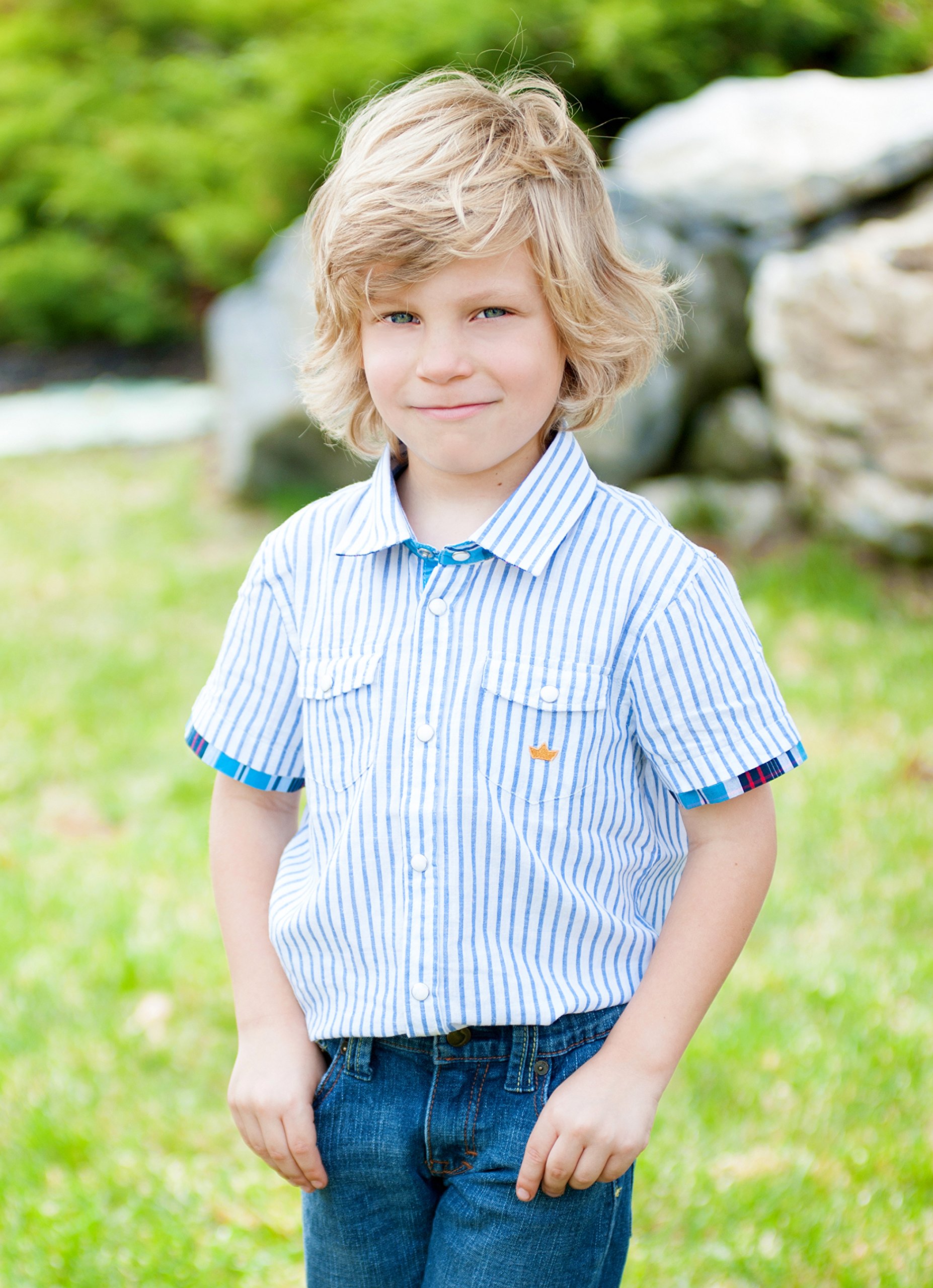 Boys' Linen Blend Dress Shirt | Short Sleeve Blue Striped Casual Shirt for School, Parties & Summer Outfits