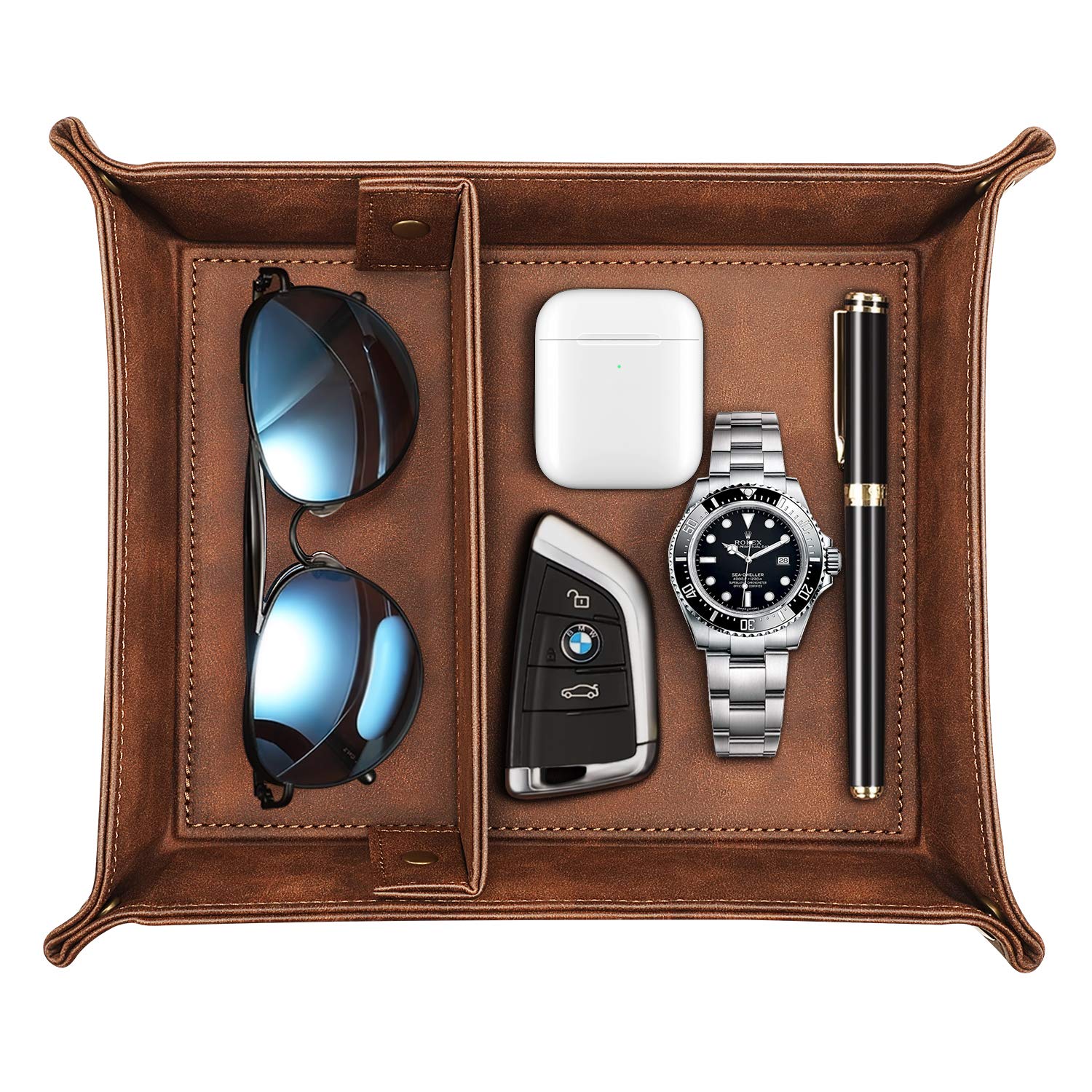 SITHON Valet Tray - 2 Compartment Desktop Organizer with Removable Dividers | Nightstand Catchall Tray for Jewelry, Keys & Essentials | Bedside, Vanity & Office Storage Solution (Brown)