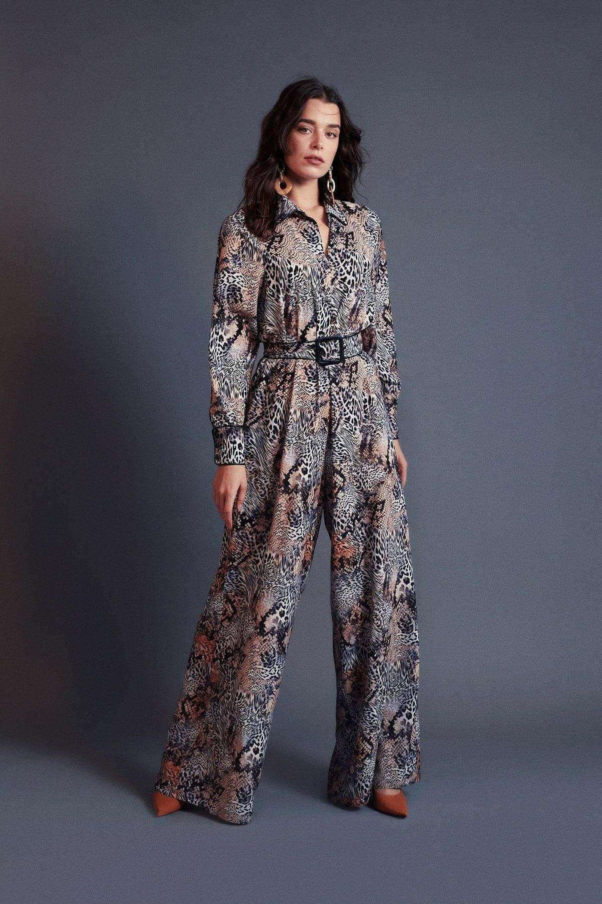 Ella Women's Modest Leopard Print Jumpsuit - Stylish Leather Piped Romper for Casual Wear, Parties & Special Occasions