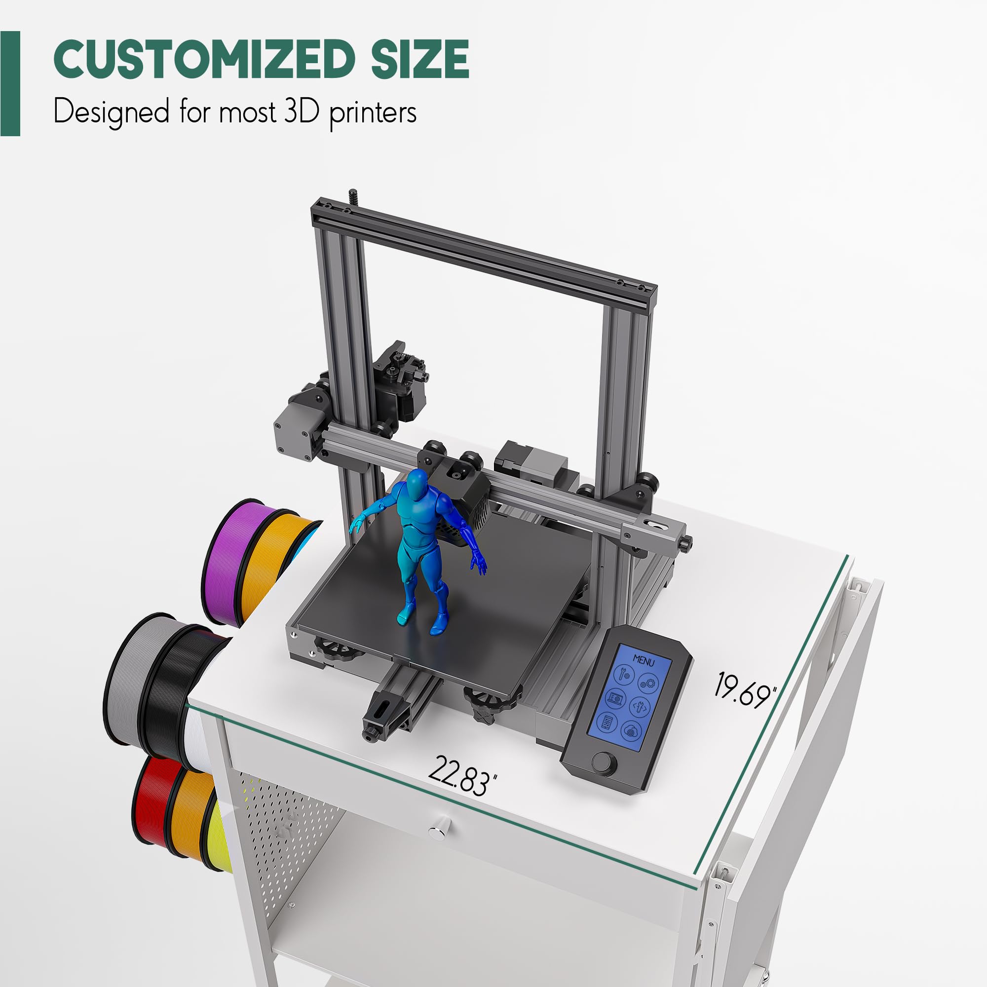 3D Printer Table with 40 Filament Storage - Rolling Workstation Desk Cart for 3D Printing | Perfect for Home Office, Studio & Workshop Organization