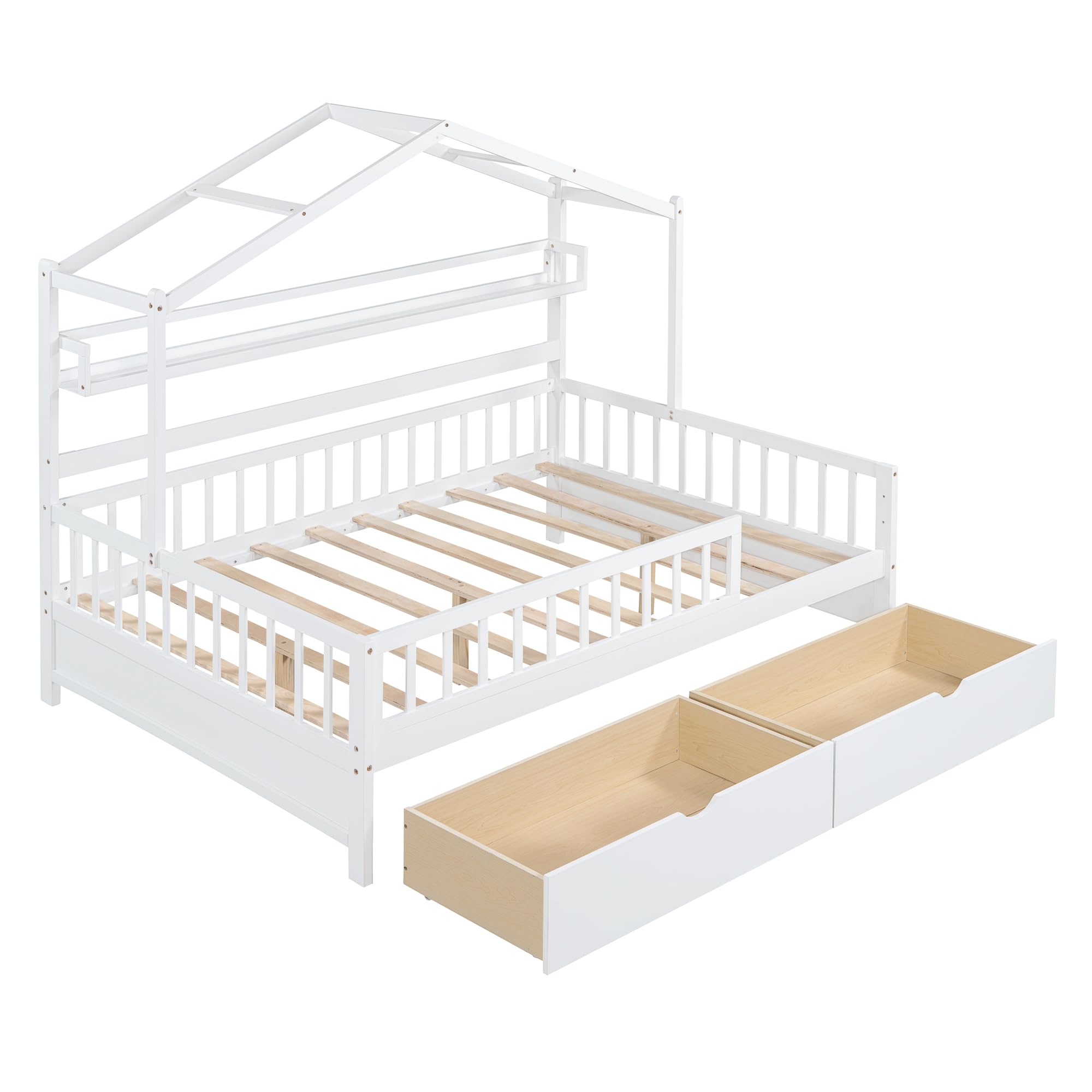 Full Size Wooden House Bed with 2 Storage Drawers & Shelf - Montessori Kids Bed Frame with Safety Rails for Boys & Girls (No Box Spring Needed) - Perfect for Bedroom Organization & Playful Sleep Space