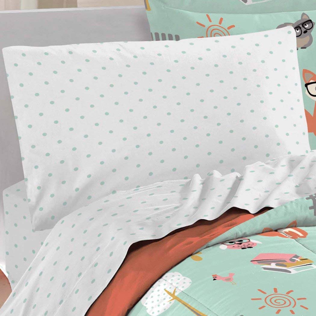 5-Piece Kids Unisex Mint Green & Orange Woodland Comforter Twin Set - Safari Themed Bedding with Adorable Forest Animals (Foxes, Raccoons, Owls) - Cute Novelty Polyester Bed-in-a-Bag - Perfect for Nursery, Kids' Room Decor & Themed Birthday Gifts