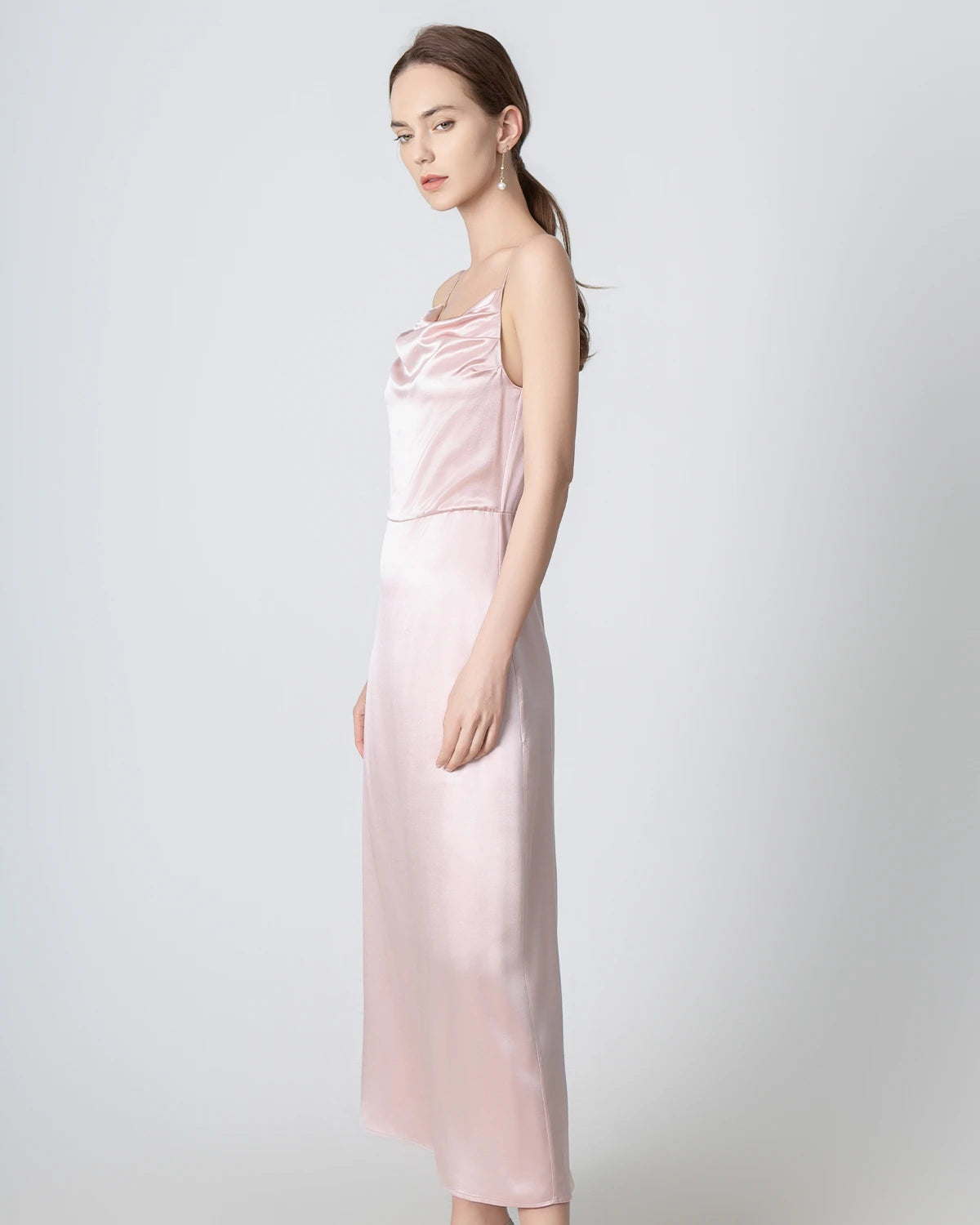 Elegant Pleated Cowl Neck Slit Maxi Silk Dress for Women - Perfect for Weddings, Parties & Evening Events