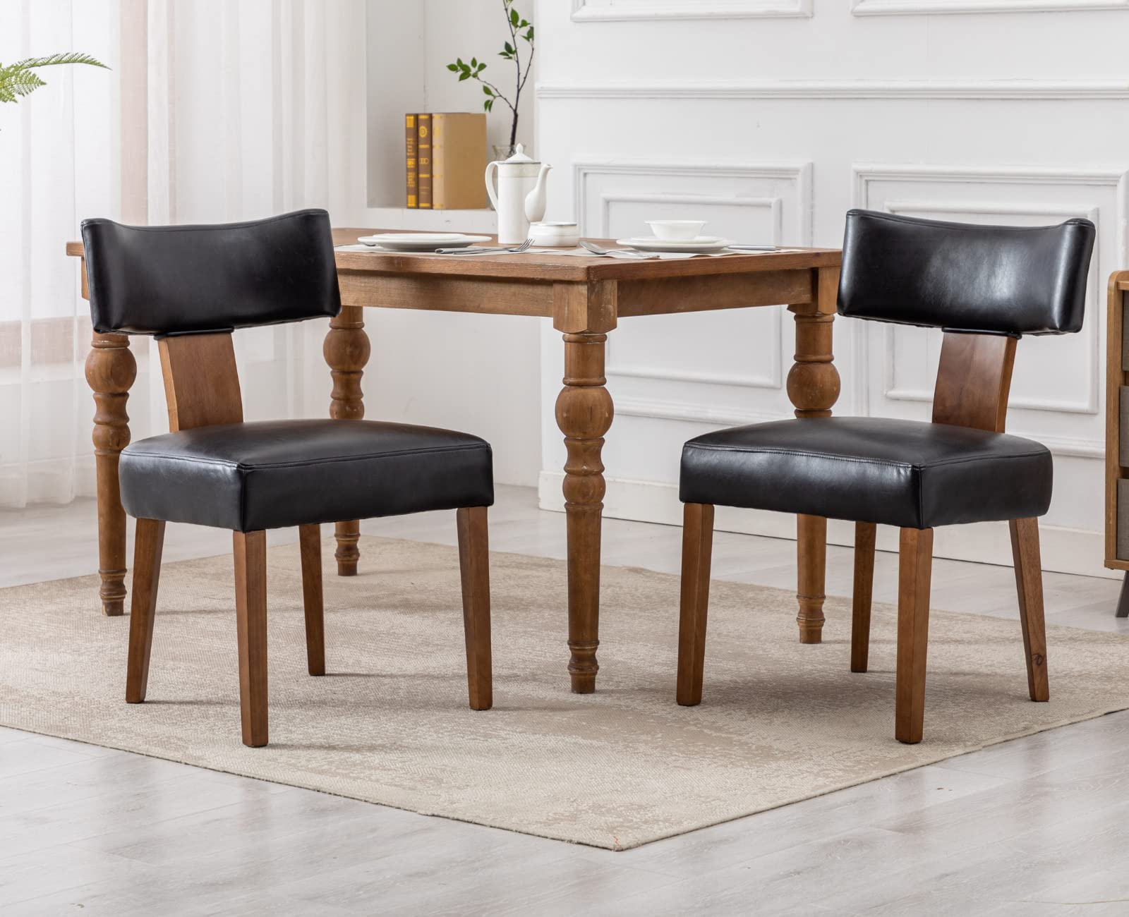 EALSON Mid Century Modern Dining Chairs Set of 2 - Genuine Leather Upholstered Kitchen Chairs with Solid Wood Legs & Curved Back - Farmhouse Style Accent Chairs for Dining Room, Living Room or Kitchen (Black) - Perfect for Home Decor, Dinner Parties and Cozy Family Gatherings