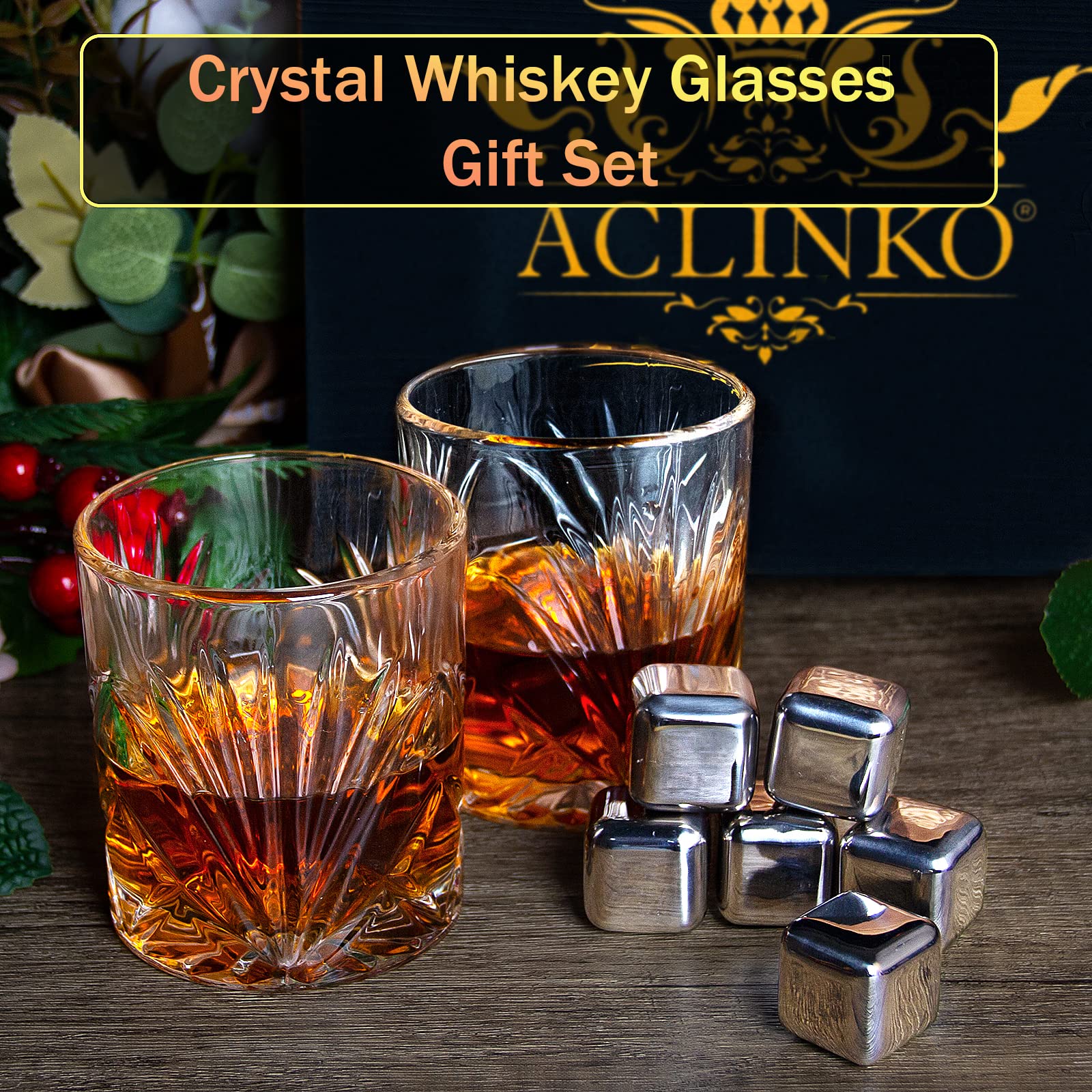 Premium Whiskey Stones Gift Set for Men - 2 Whiskey Glasses Included | Unique Birthday, Christmas, Anniversary, Retirement Gifts for Dad, Husband, Boyfriend | Perfect for Home Bars, Man Caves & Whiskey Lovers