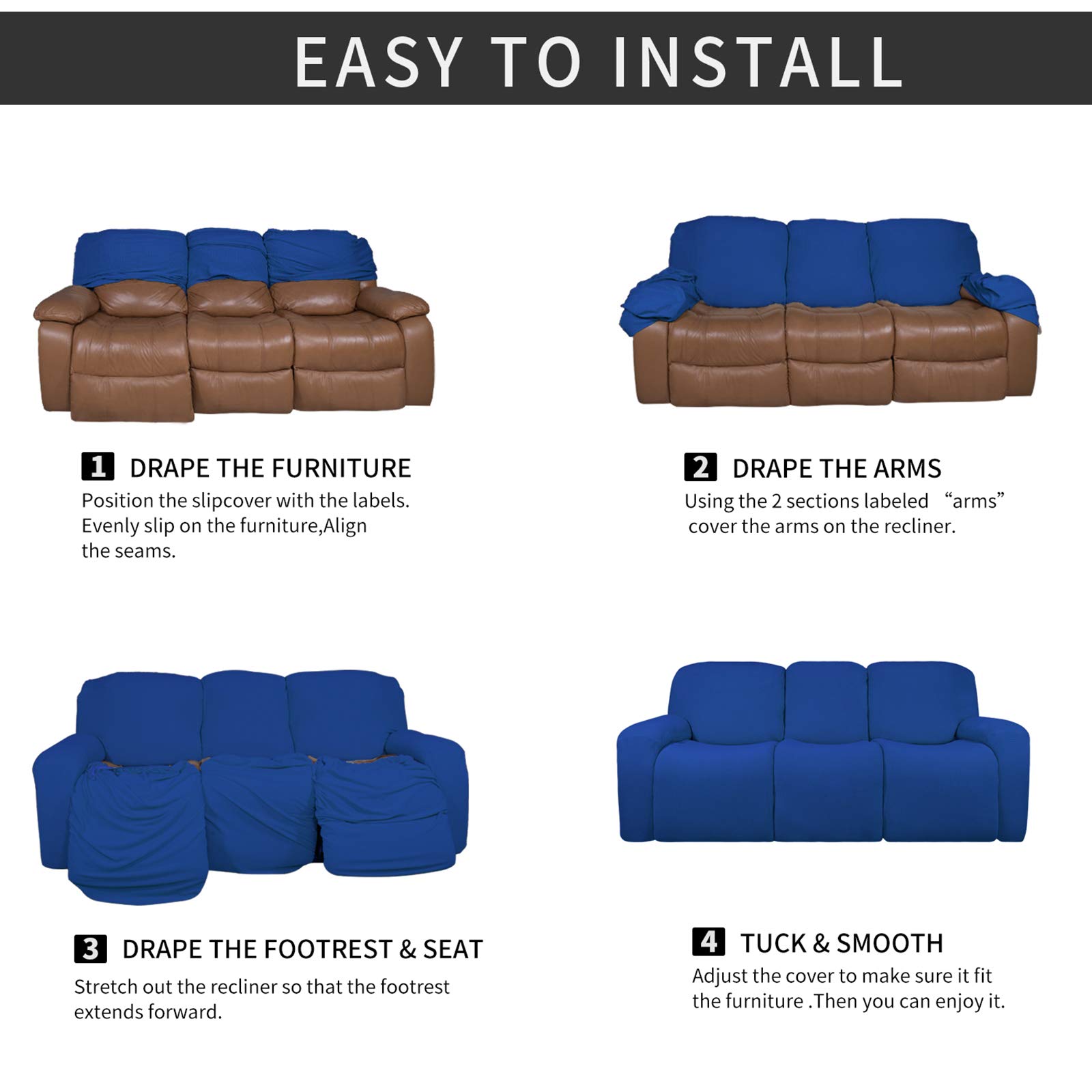 8-Piece Microfiber Stretch Sectional Recliner Sofa Slipcover - Soft Fitted Fleece 3-Seat Couch Cover - Washable Furniture Protector with Elasticity for Kids & Pets (Classic Blue) - Perfect for Living Room, Family Room & Home Theater Comfort