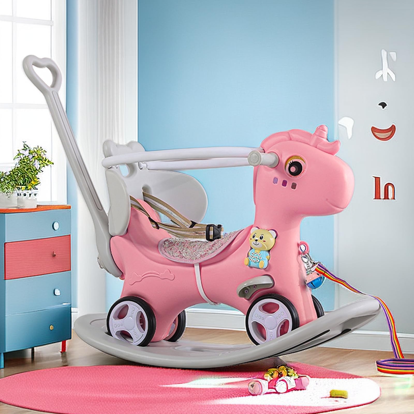 4 in 1 Rocking Horse & Balance Bike for Toddlers 1.5-3 Years Old - Push Handle Ride On Toy with Adjustable Backrest & Balance Board - Safe Baby Rocking Toy Gift for Boys & Girls (Pink) - Perfect for Indoor Play, Birthday Presents & Early Childhood Development