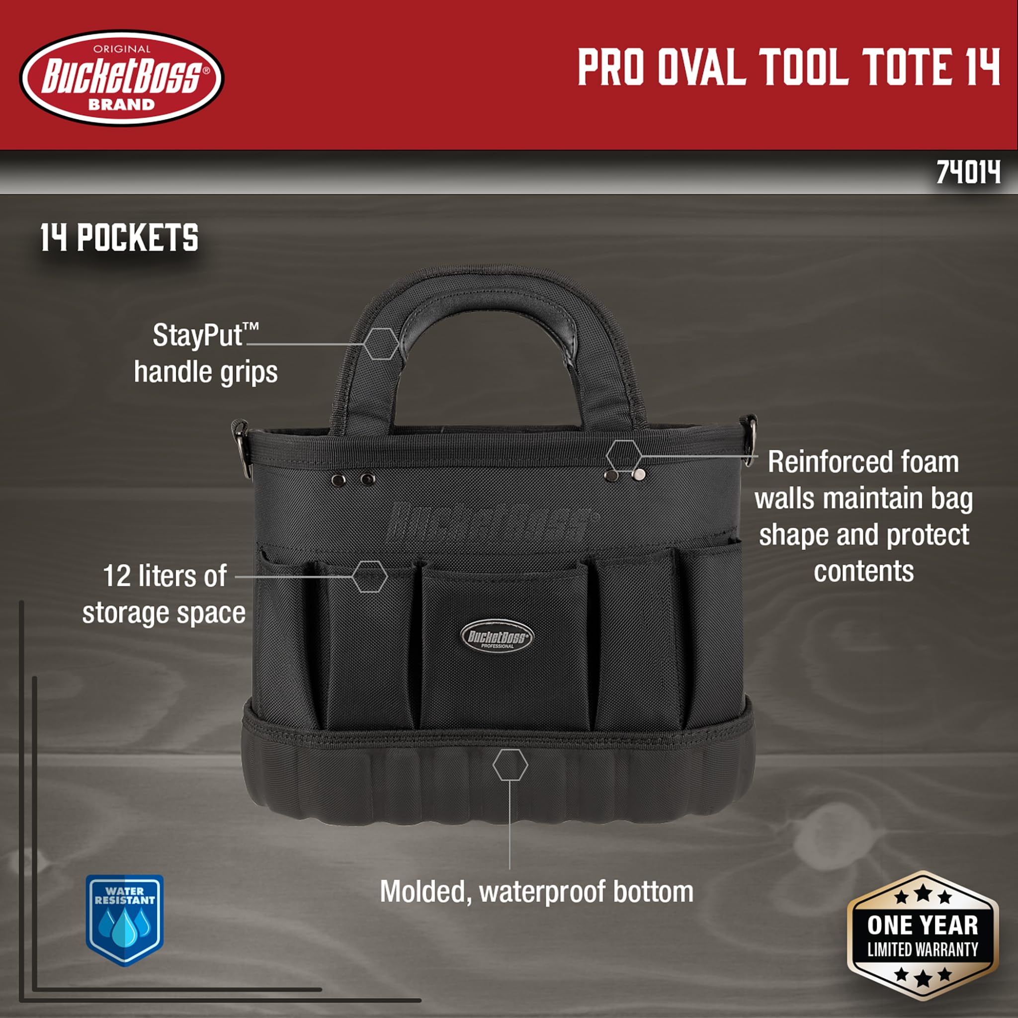 Bucket Boss Pro Oval Tool Tote 14 - Professional Series Tool Bag (74014) Black - Durable Construction Tool Organizer for Electricians, Contractors & DIY Home Improvement Projects