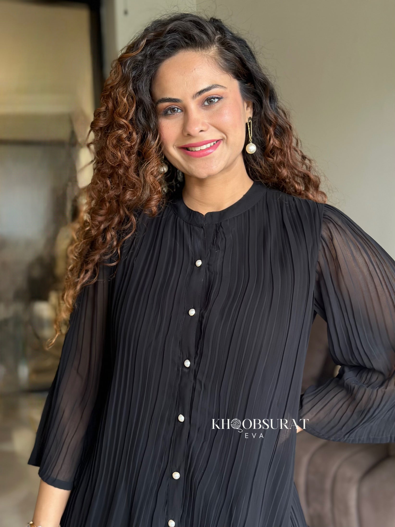 Elegant Black Chiffon Pearl Embellished Co-Ordinate Set for Women | Formal Evening Wear & Special Occasion Outfit