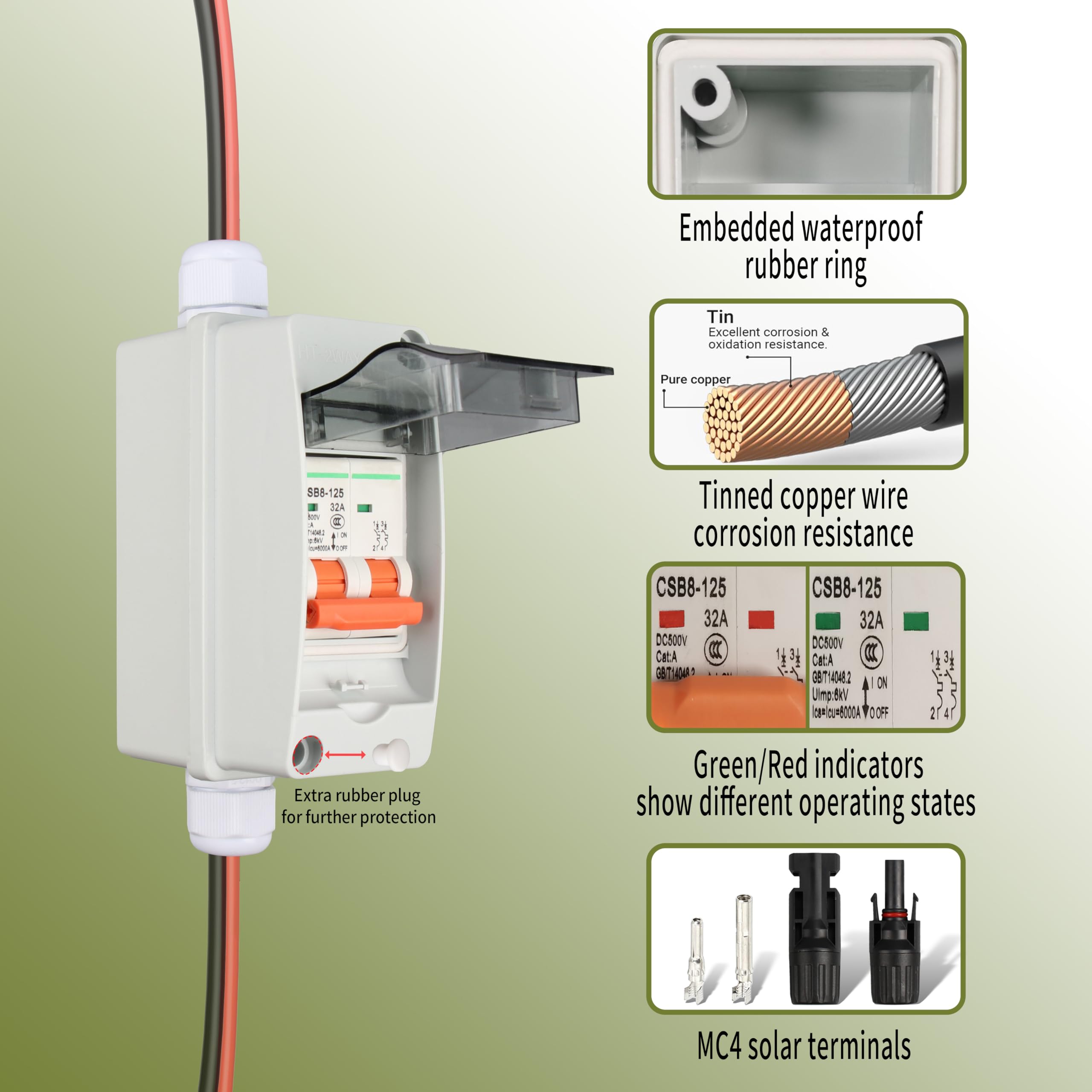 500V DC Solar Disconnect Switch IP65 Waterproof Outdoor Circuit Breaker - 2 Pole DIN Rail Mount MCB with Wall Brackets - Perfect for Solar Panel Systems, RV Power & Off-Grid Electrical Installations