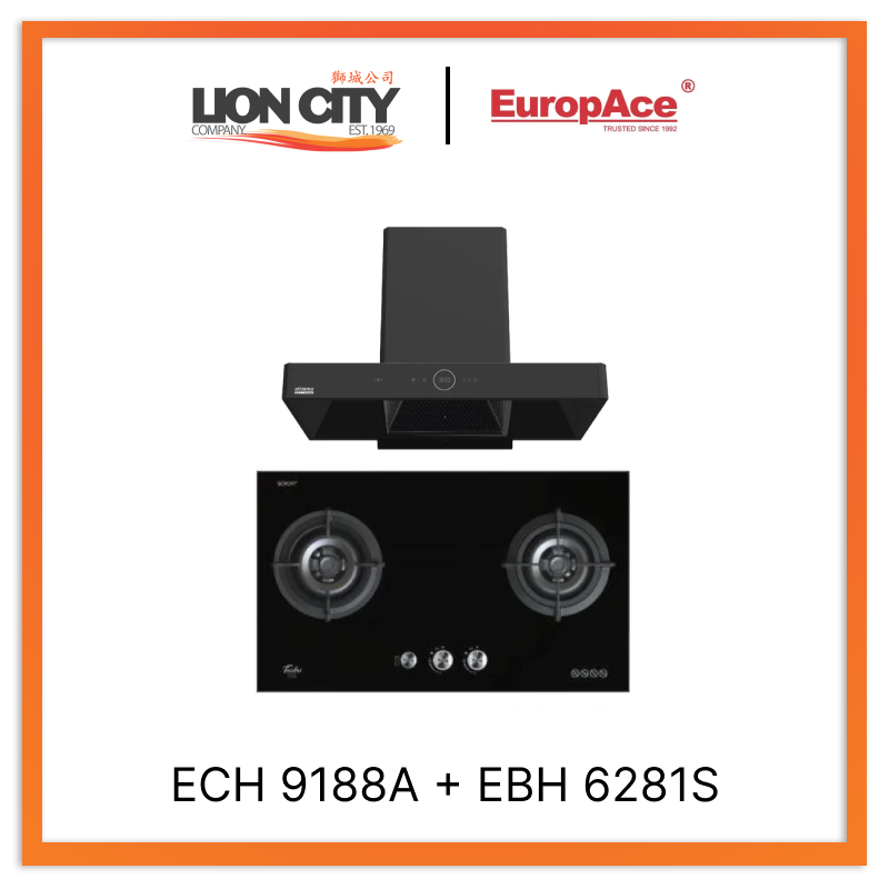 Europace ECH9188A 90CM Premium T Chimney Range Hood + EBH6281S 2-Burner 80cm Slim Gas Cooktop with Schott Glass - Modern Kitchen Ventilation & Cooking Solution for Apartments and Small Homes