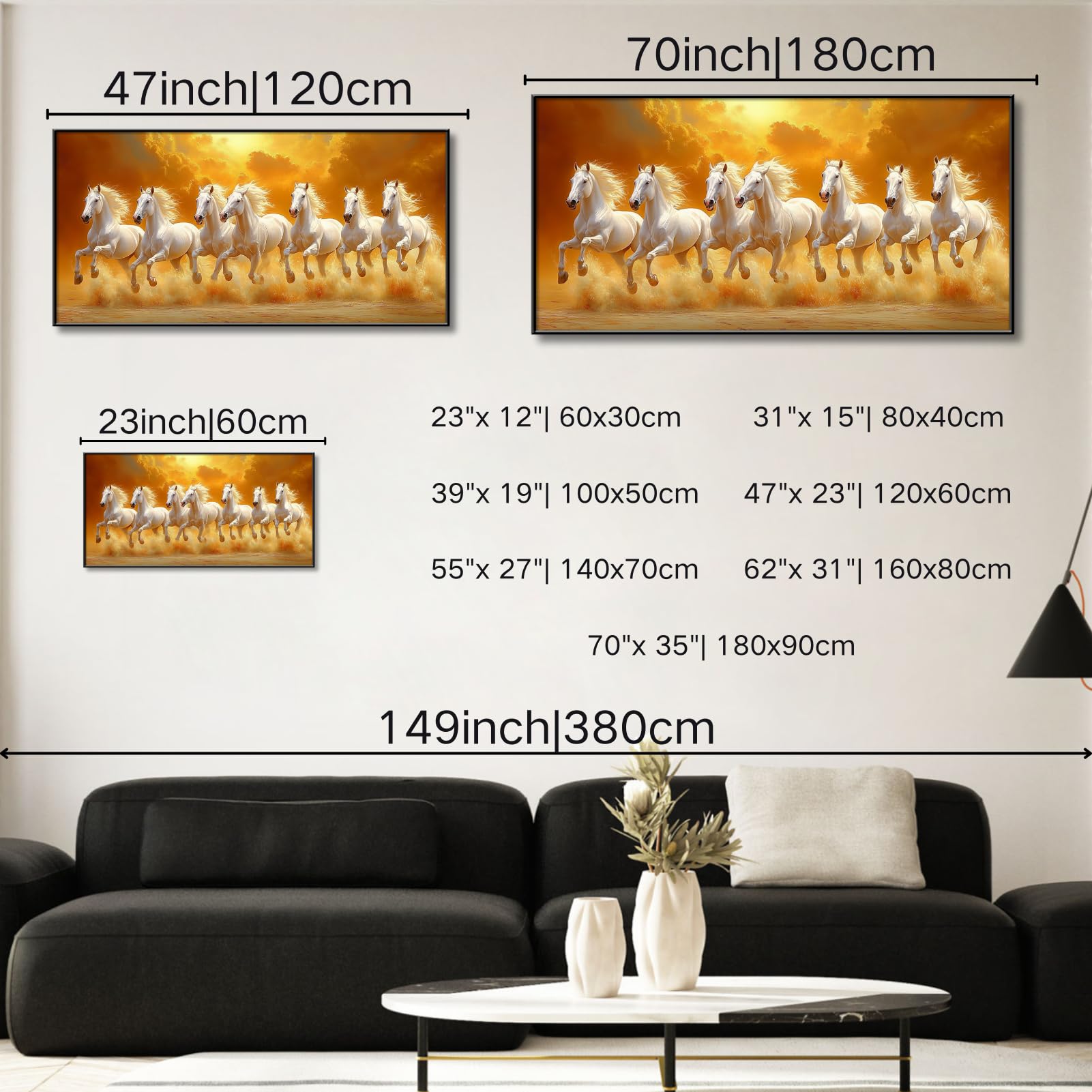 7 Running White Horses Canvas Wall Art - Gold Metal Framed (23