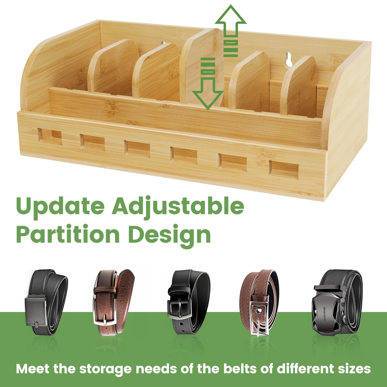 Large Adjustable Bamboo Belt Organizer Box - 6 Grids Belt Rack for Closet, Shelf & Drawer - Wall Mount Tie & Belt Storage Display for Men & Women - Perfect Father's Day Gift (Natural) - Ideal for Bedroom, Closet & Office Organization