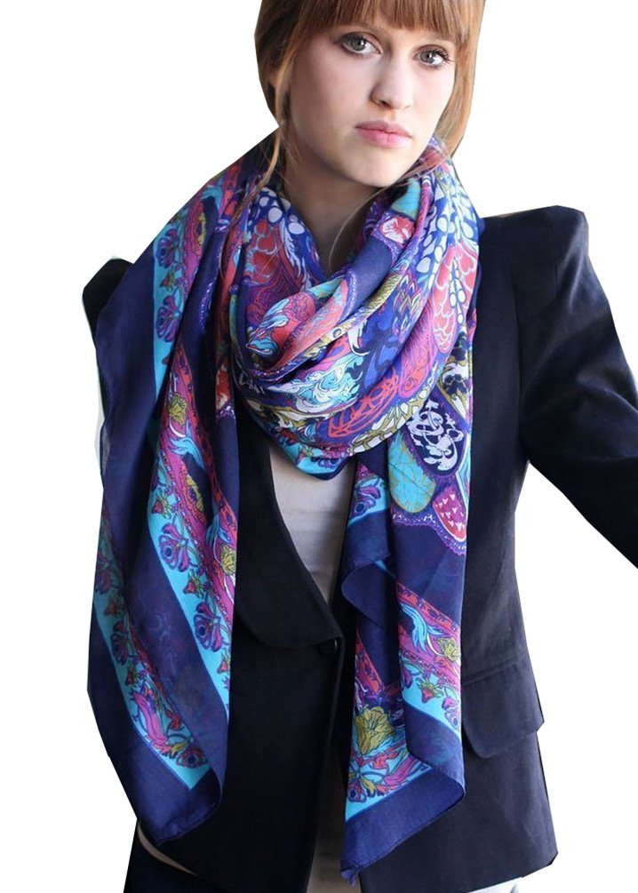 Women's Colorful Blossom Print Scarf - Navy Blue Multicolor Shawl for Spring Fashion & Casual Outfits