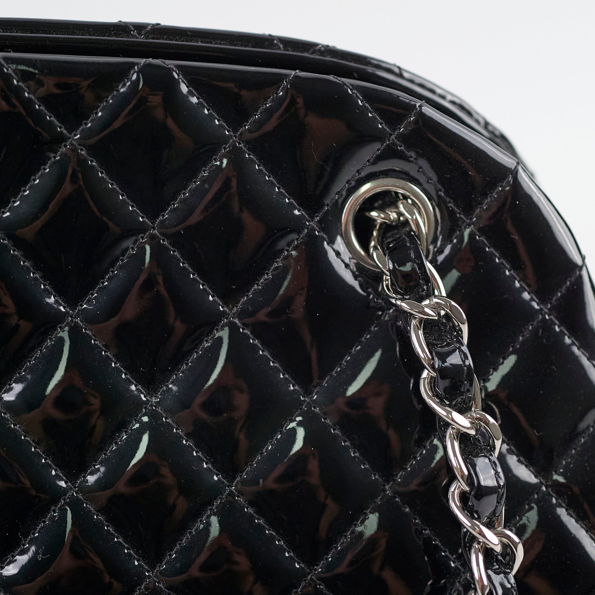 Chanel Mademoiselle Matelasse Coco Mark Bowling Bag in Patent Black Leather - Luxury Designer Handbag for Women, Perfect for Work, Travel & Evening Events