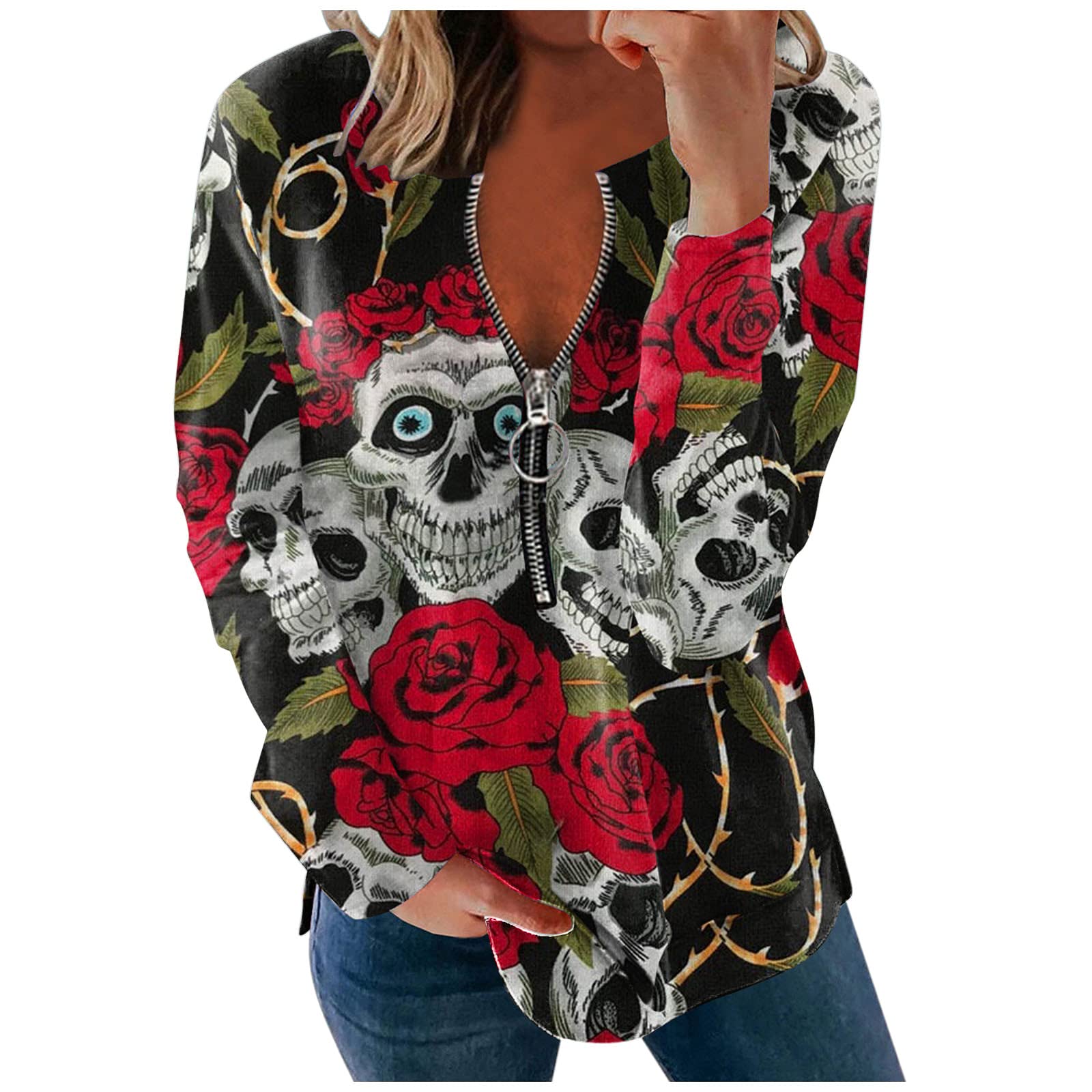 Women's Loose Fit Long Sleeve Zipper Tops - Halloween Fashion Blouse, Casual T-Shirt & Aesthetic Sweatshirt for Everyday Wear, Party Outfits and Seasonal Styles