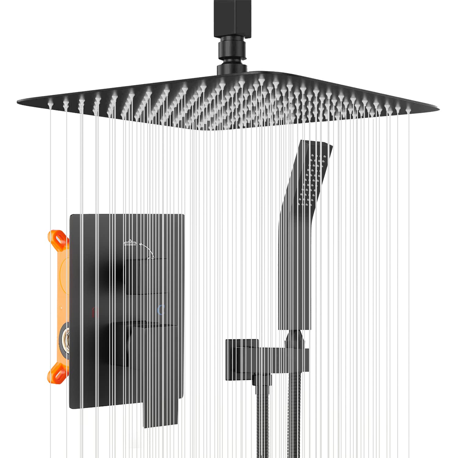 Luxury Matte Black Ceiling Shower System - 12 Inch Rainfall Shower Head with Handheld Sprayer, Valve & Trim Kit | GGStudy Bathroom Faucet Mixer Combo Set for Modern Spa-Like Shower Experience | Perfect for Master Bathrooms, Hotel-Style Showers & Relaxing Rain Therapy