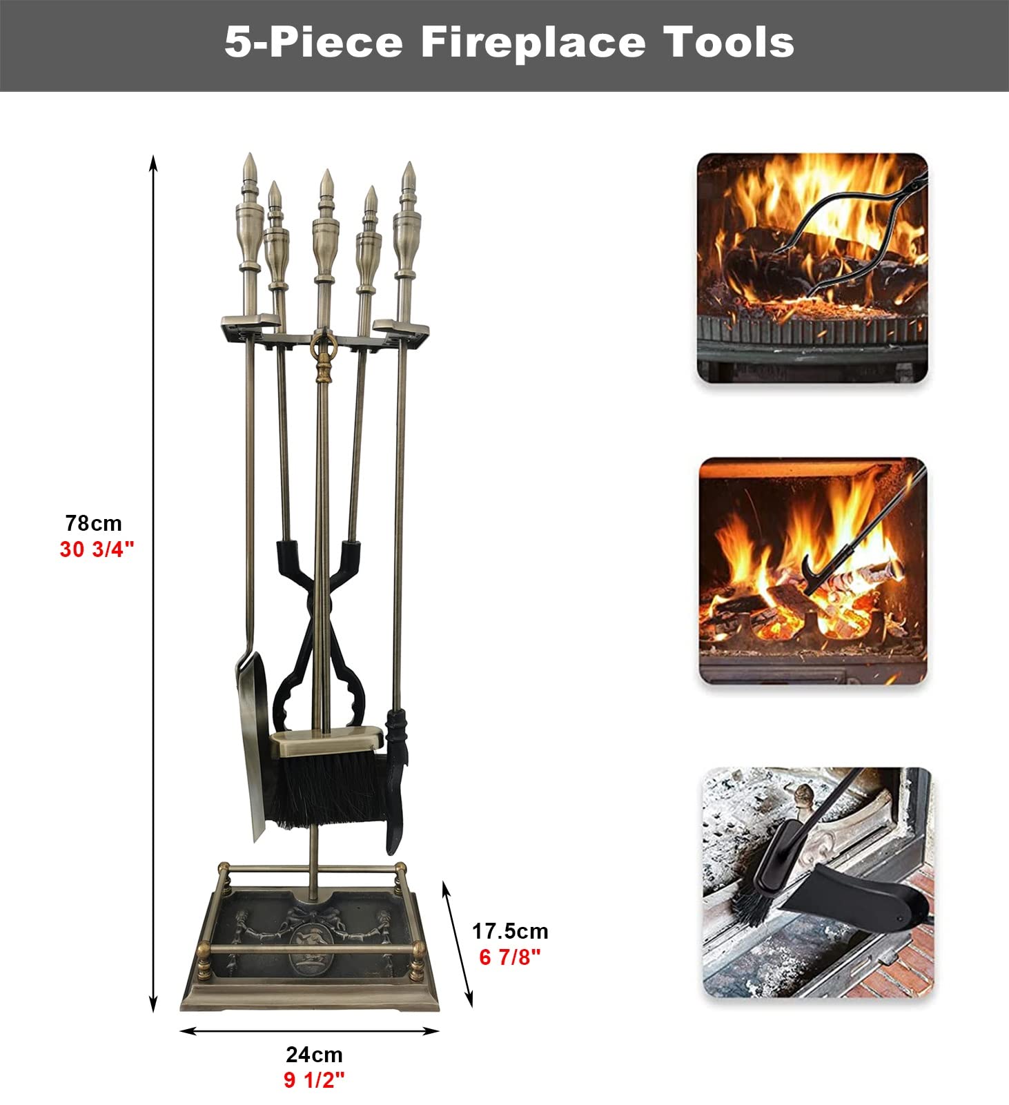 Antique Brass Fireplace Tool Set - 5 Piece Heavy Duty Fireplace Accessories with Base, Poker, Shovel, Pliers & Brush | Perfect for Fireplace Maintenance & Home Decor