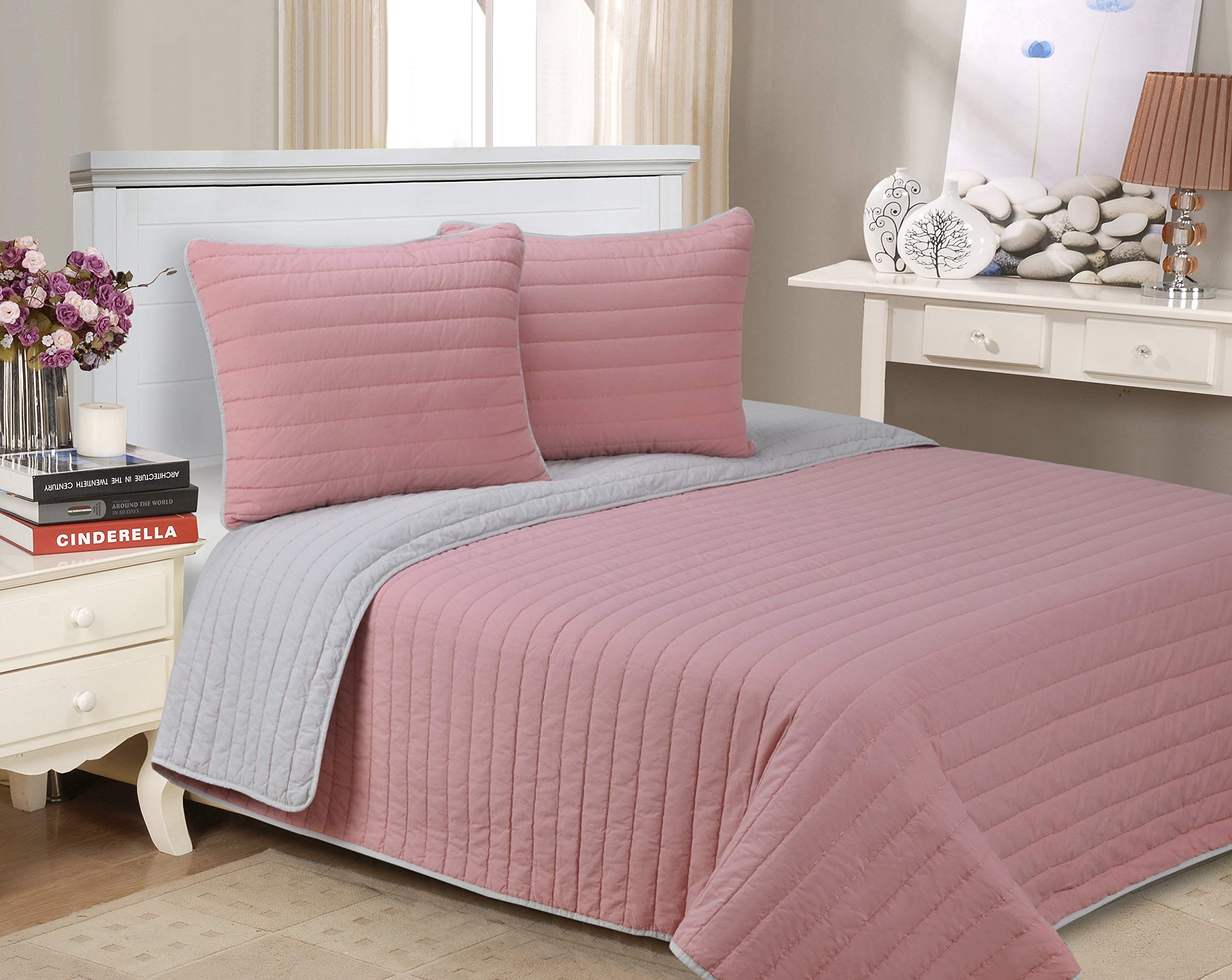 Premium 100% Long Staple Cotton Quilt Set - Full/Queen Size with Luxury Striped Brandon Design in Soft Pink | Breathable Bedding for All Seasons | Perfect for Master Bedrooms, Guest Rooms & Cozy Home Decor
