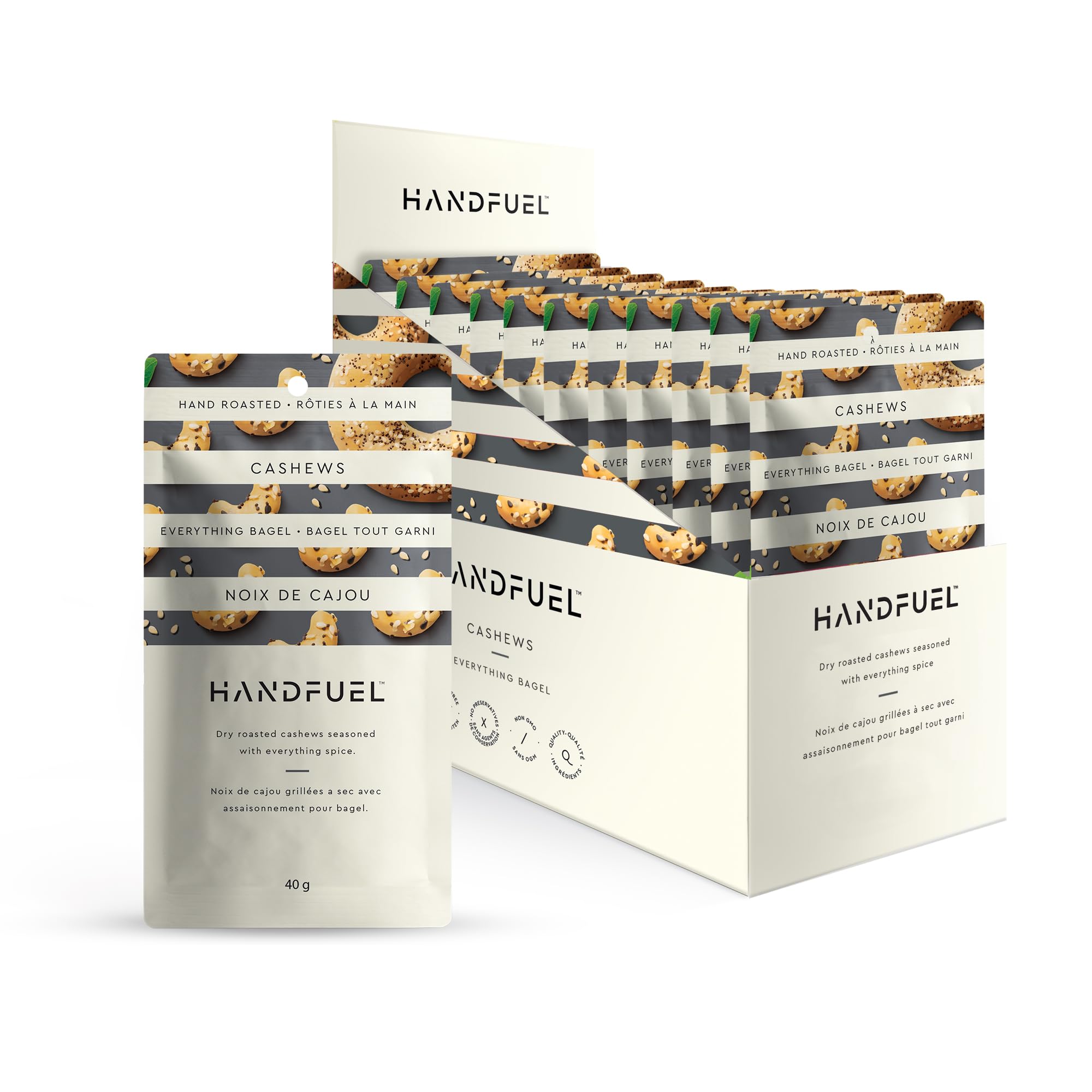 Handfuel Everything Bagel Cashews - Hand Roasted Salted Cashews with 7g Protein | Canadian Made Plant Based Flavored Nuts | 40g Per Pouch (12 Count) | Perfect for Snacking, Gifts & Healthy On-the-Go Lifestyle