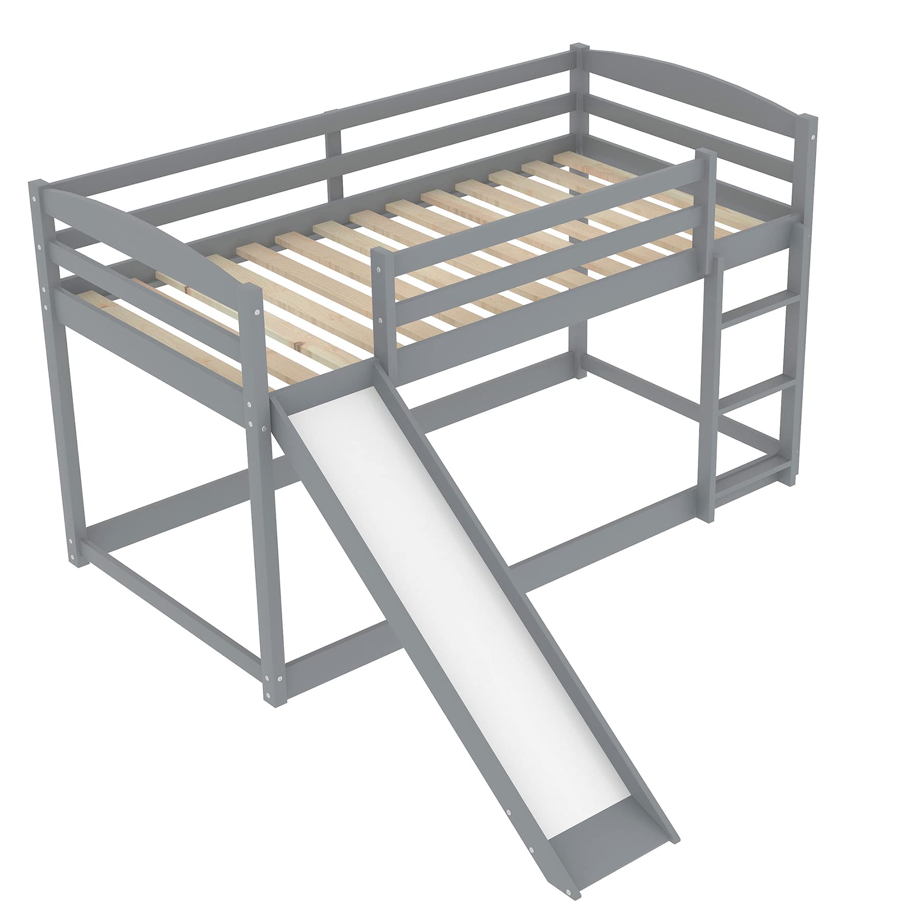Twin Over Twin Bunk Bed with Slide & Ladder - Solid Wood Low Floor Bunk Bed with Slat Support - Space Saving Kids Bedroom Furniture - No Box Spring Needed - Perfect for Small Rooms & Shared Kids Bedrooms (Gray)
