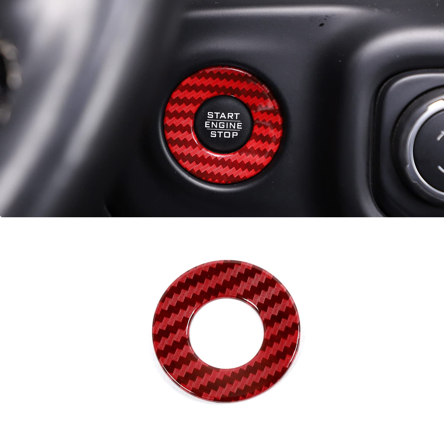 RT-TCZ Push to Start Button Badge - ABS Red Carbon Fiber Engine Start Stop Sticker Emblem Trim Cover for 2018-2023 Jeep Wrangler JL & Gladiator JT Accessories | Easy Installation & Anti-Slip Grip for Enhanced Driving Experience