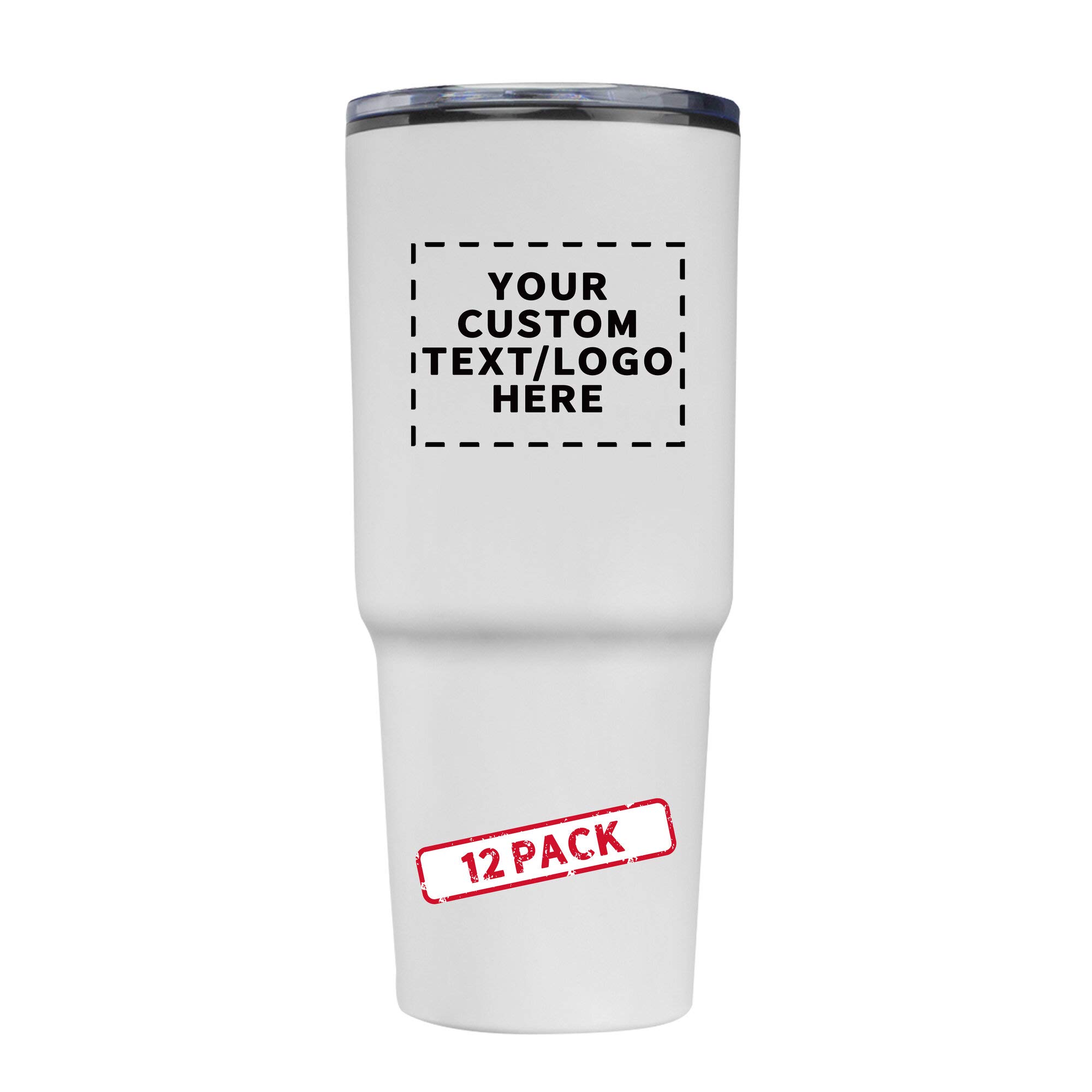 32 oz. Personalized Barton Plastic Double Wall Insulated Travel Mugs - 12 Pack - Custom Text & Logo - White - Perfect for Coffee, Tea & Cold Drinks on the Go