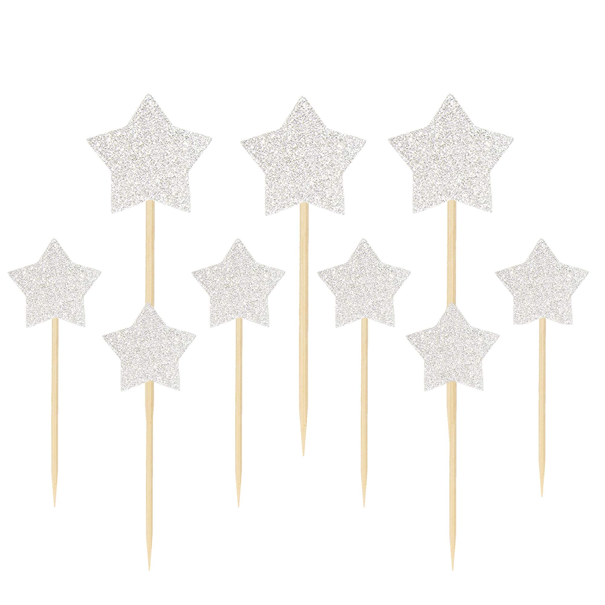 48 Pack Silver Glitter Star Cupcake Toppers - Edible Cake Decorations for Baby Showers, Birthday Parties, Weddings & Special Events - Perfect for Kids Desserts, Celebration Cakes & Holiday Baking
