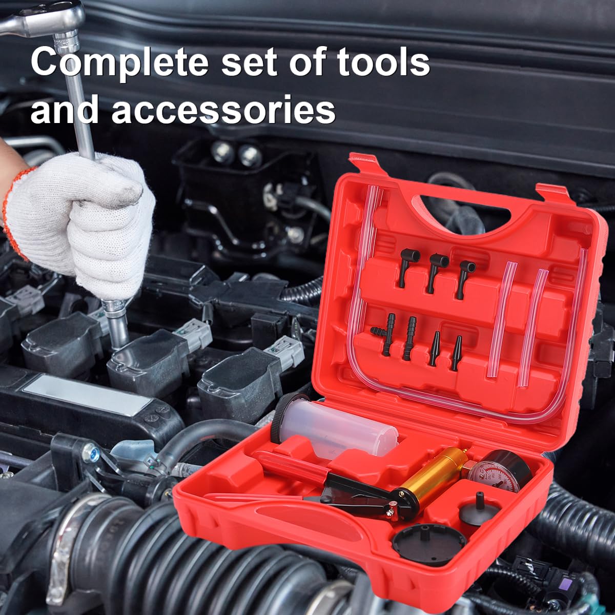 Professional Brake Bleeder Kit with Handheld Vacuum Pump & Adapters - Includes Vacuum Brake Bleeder Pump with Pressure Gauge for Cars, Motorcycles & Automotive Repair (Red) | Perfect for DIY Brake Maintenance & Fluid Replacement