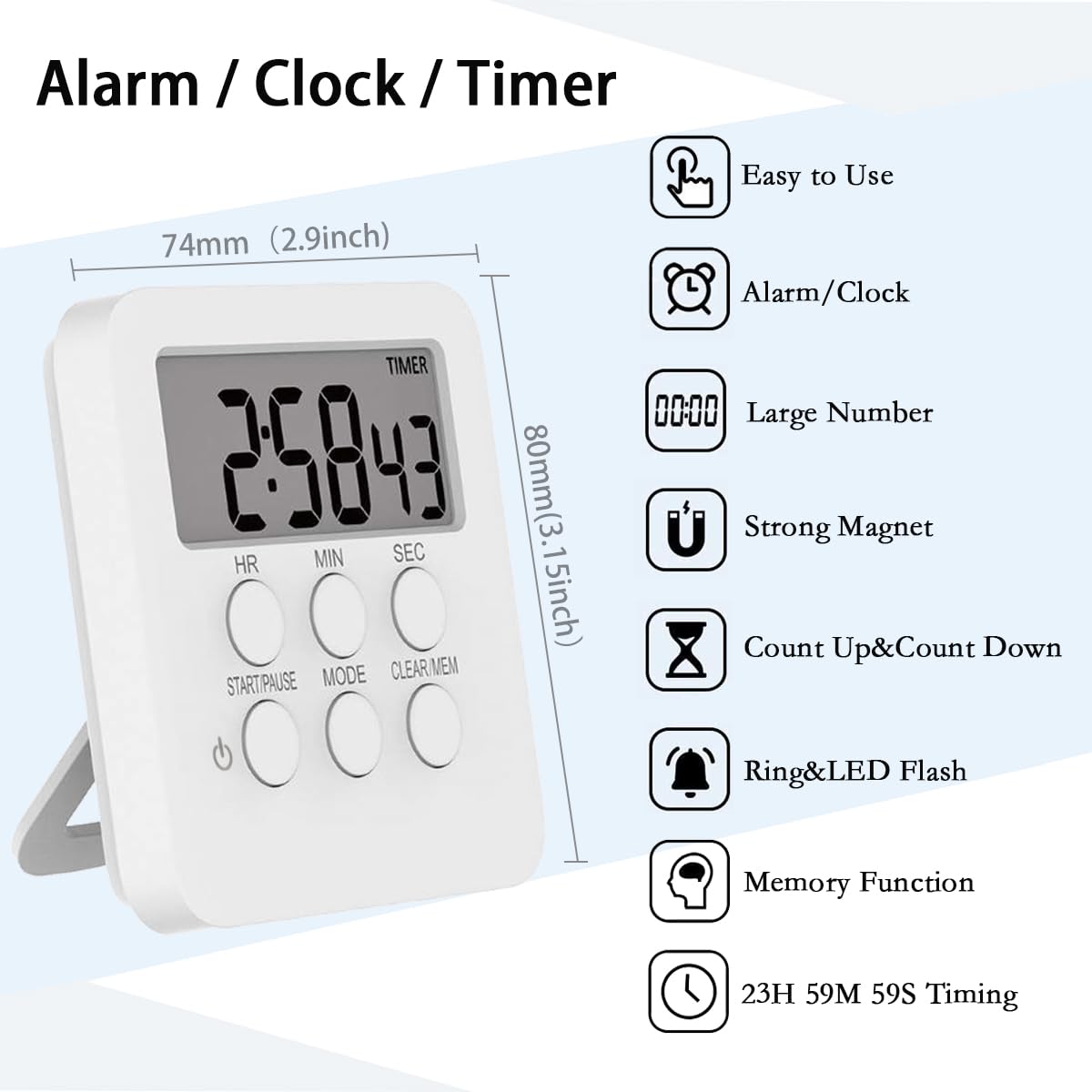 Magnetic Digital Kitchen Timer with Loud/Mute Alarm - 3-in-1 Count Up/Down Timer, Large LCD Display & Memory Function - Perfect for Cooking, Baking, Studying and Office Use (White)