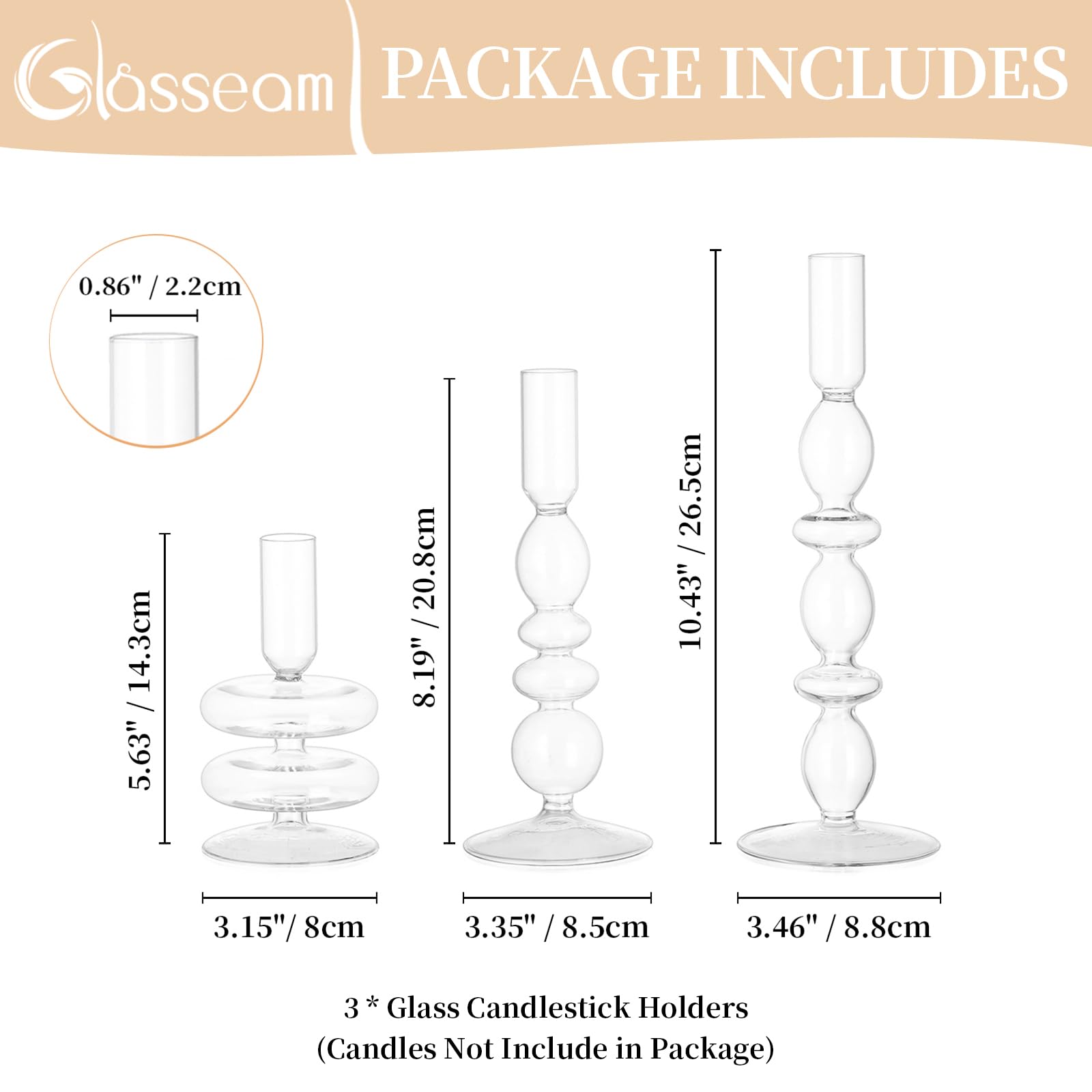 Glasseam Clear Glass Candle Stick Holders Set of 3 - Modern Taper Candle Holders for Wedding, Christmas & Home Decor - Elegant Table Centerpiece for Dining Room, Party & Holiday Decorations