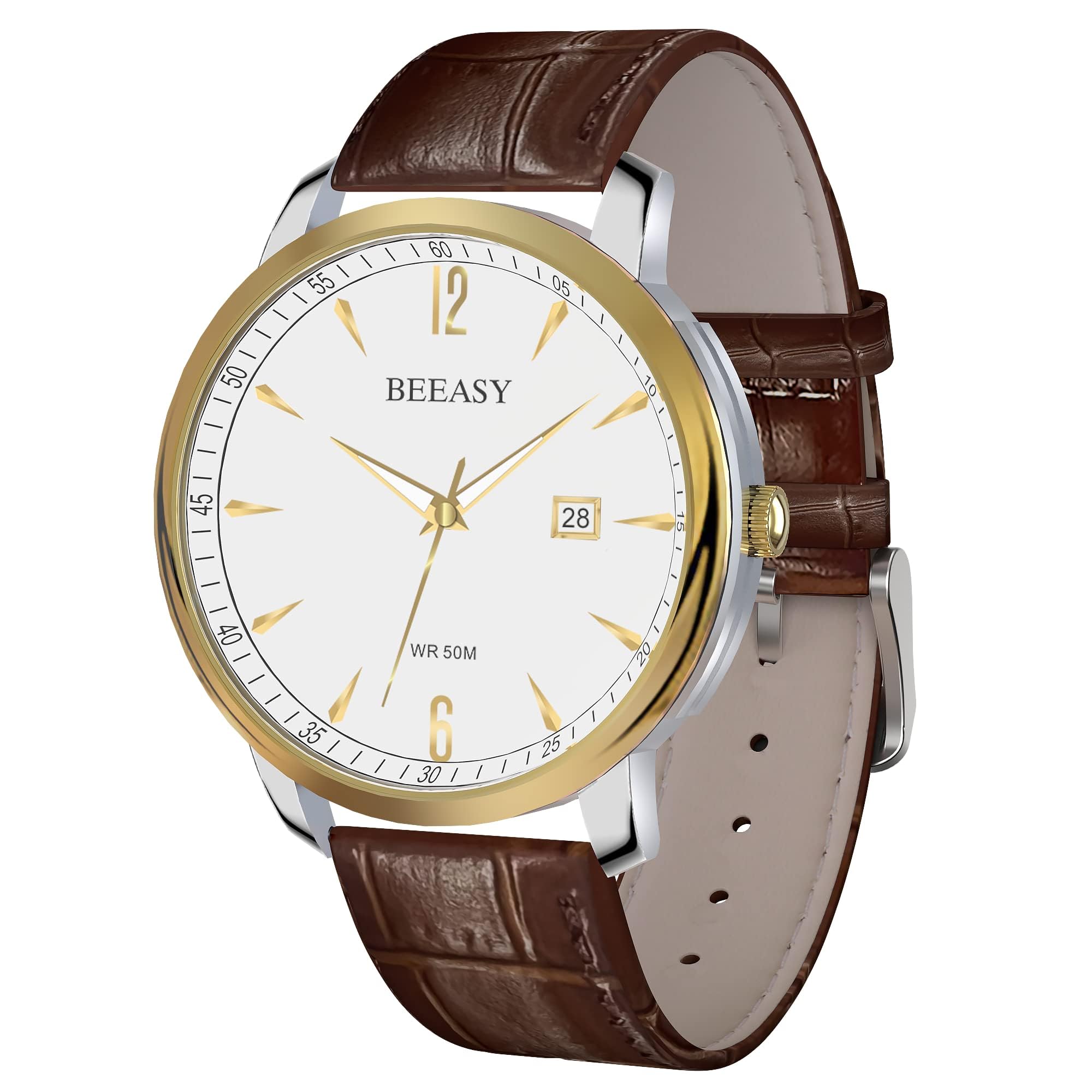 Beeasy Men's Minimalist Watch - Leather Strap Analog Date for Business & Formal Wear | Waterproof Office & Dress Occasions