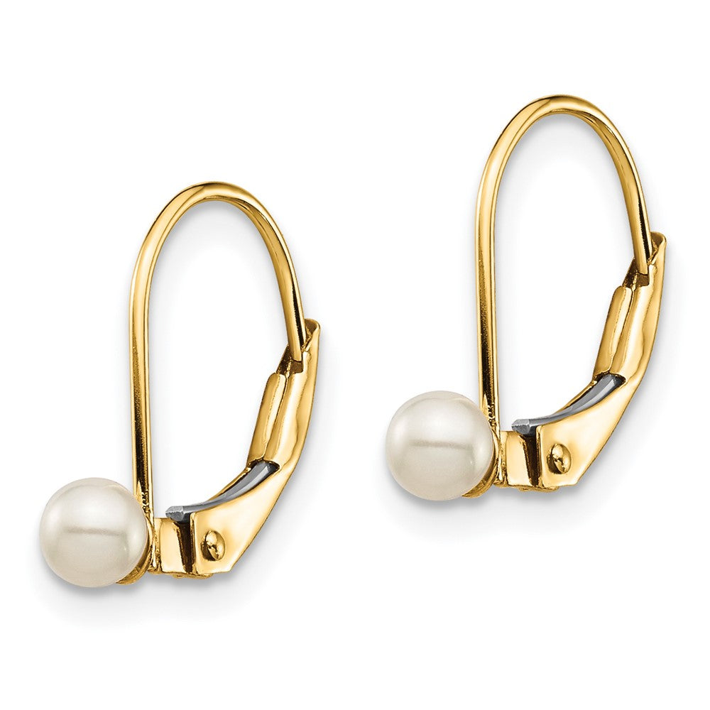 14K Gold Madi K 3-4mm White Round Freshwater Cultured Pearl Leverback Earrings - GK250 Model | Elegant Jewelry for Weddings, Parties & Special Occasions