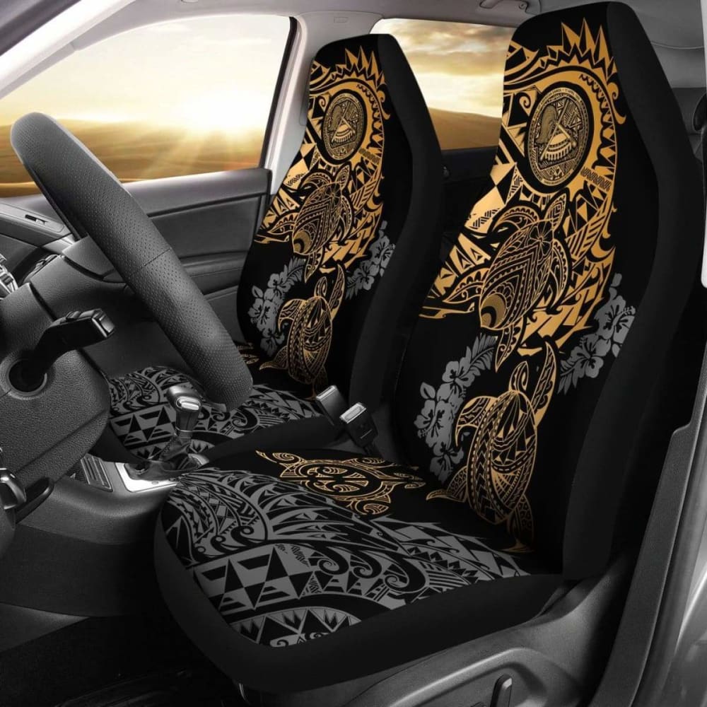 Premium American Samoa Car Seat Covers - Gold Turtle Gray Hibiscus Flowing Design | Durable & Stylish Protection for Cars, SUVs & Trucks | Perfect for Travel, Commuting & Outdoor Adventures