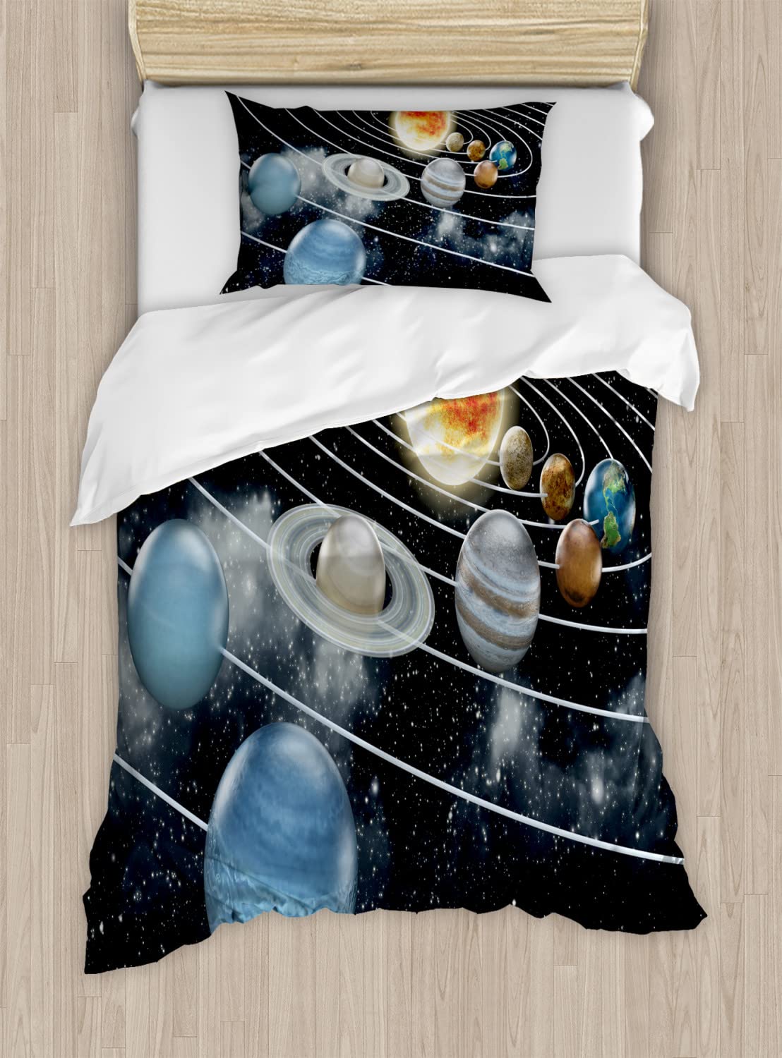 Ambesonne Galaxy Duvet Cover Set - Solar System with All 8 Planets & Sun - Twin Size 2-Piece Bedding Set (2 Duvet Covers + 2 Pillowcases) - Black & Grey Space Theme - Perfect for Kids Room, Science Lovers & Astronomy Enthusiasts
