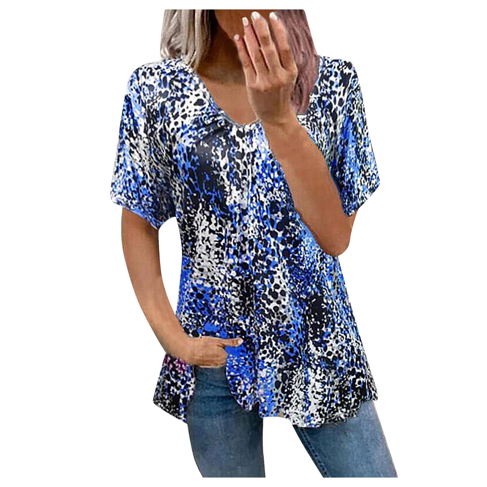 Women's Stitching V-Neck Short Sleeve Tops - Casual Loose Fit Workout Tees for Everyday Wear | Gym, Yoga, Running & Lounge
