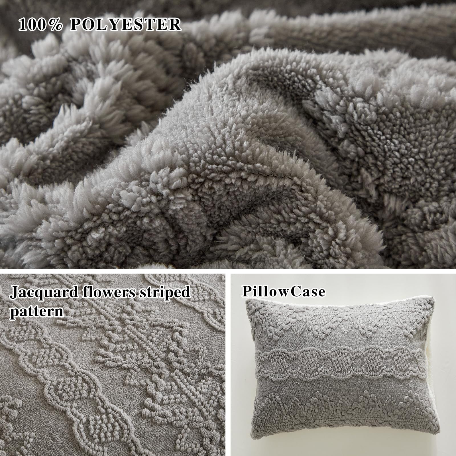 Luxury Flannel Fleece Sherpa Comforter Set Full/Queen Size - Ultra Soft & Warm Jacquard Boho Stripes Down Alternative Bedding - Grey Winter Comforter with 2 Pillowcases (3-Piece Set) - Perfect for Cozy Bedrooms, Guest Rooms & Cold Weather Retreats