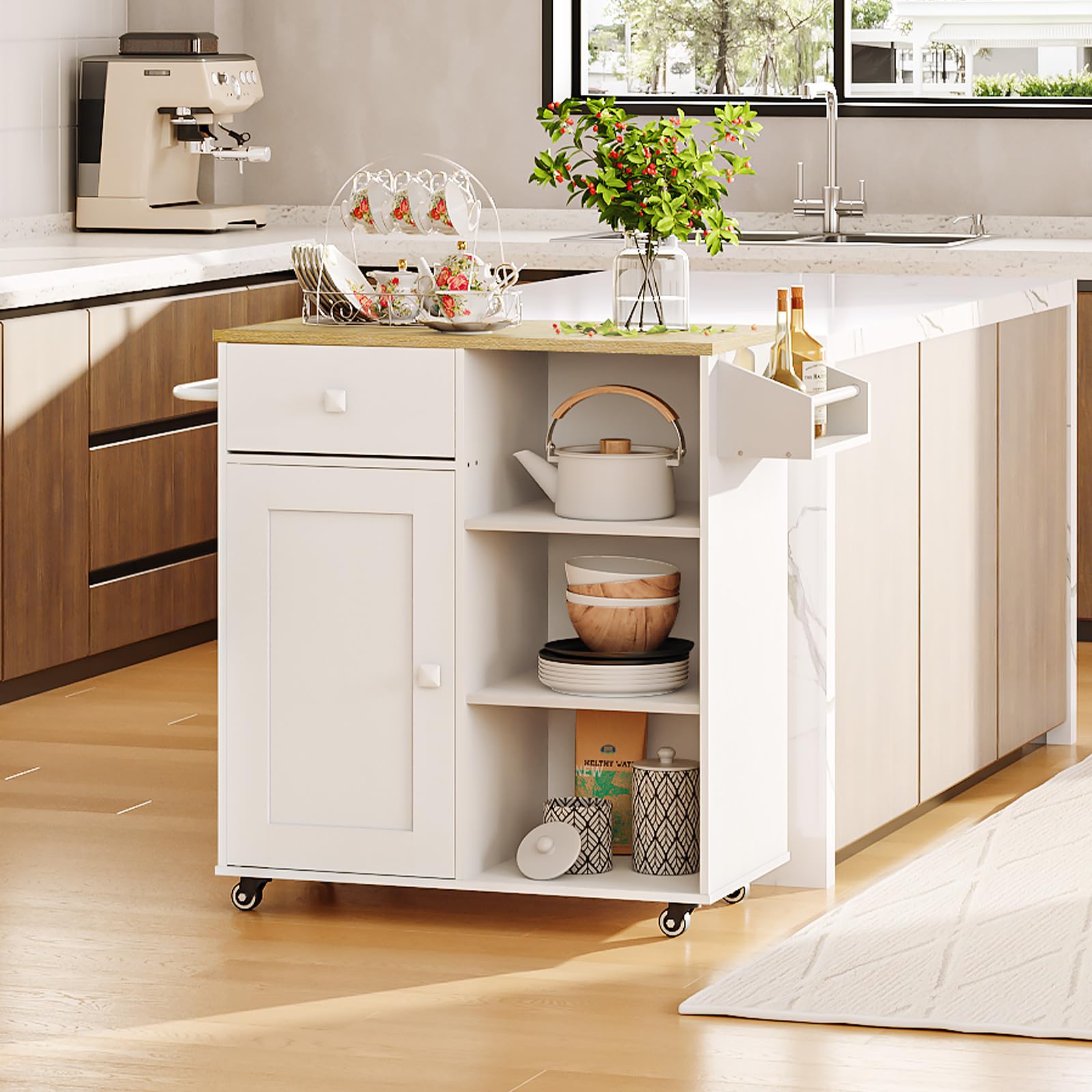 HOOBRO White and Natural Kitchen Island with Storage Cabinet, Drawers, Spice & Towel Rack - Space Saving Kitchen Cart for Small Spaces, Easy Assembly - Perfect for Cooking, Dining & Living Room Organization (Model WN12ZD01)