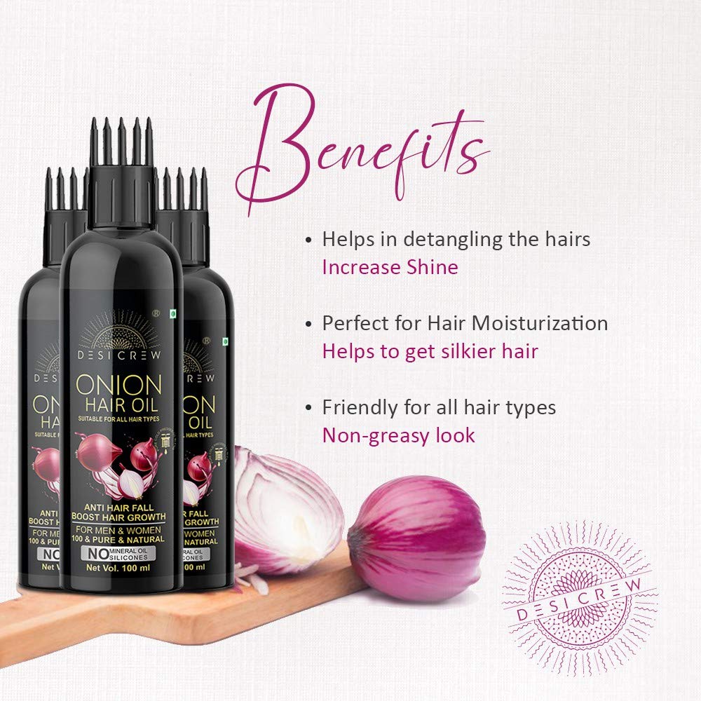 Desi Crew 100% Pure Cold Pressed Onion Hair Oil for Hair Growth & Hair Fall Control - No Mineral Oil & Silicones - With Comb Applicator - 100ml - Perfect for Daily Hair Care & Scalp Massage