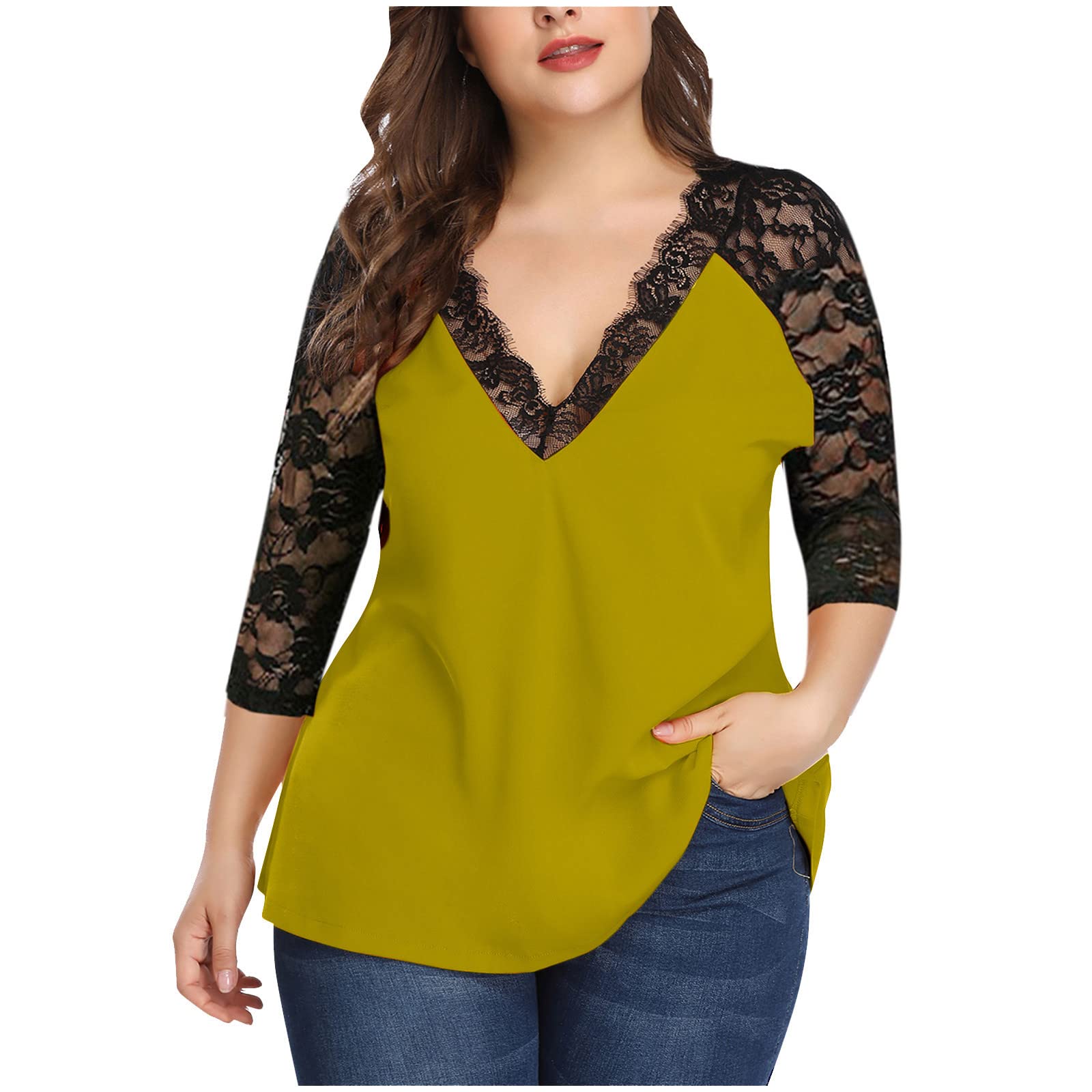 FAVIPT Plus Size Lace Blouse - V Neck Short Sleeve Tunic for Women | Casual & Dressy Wear