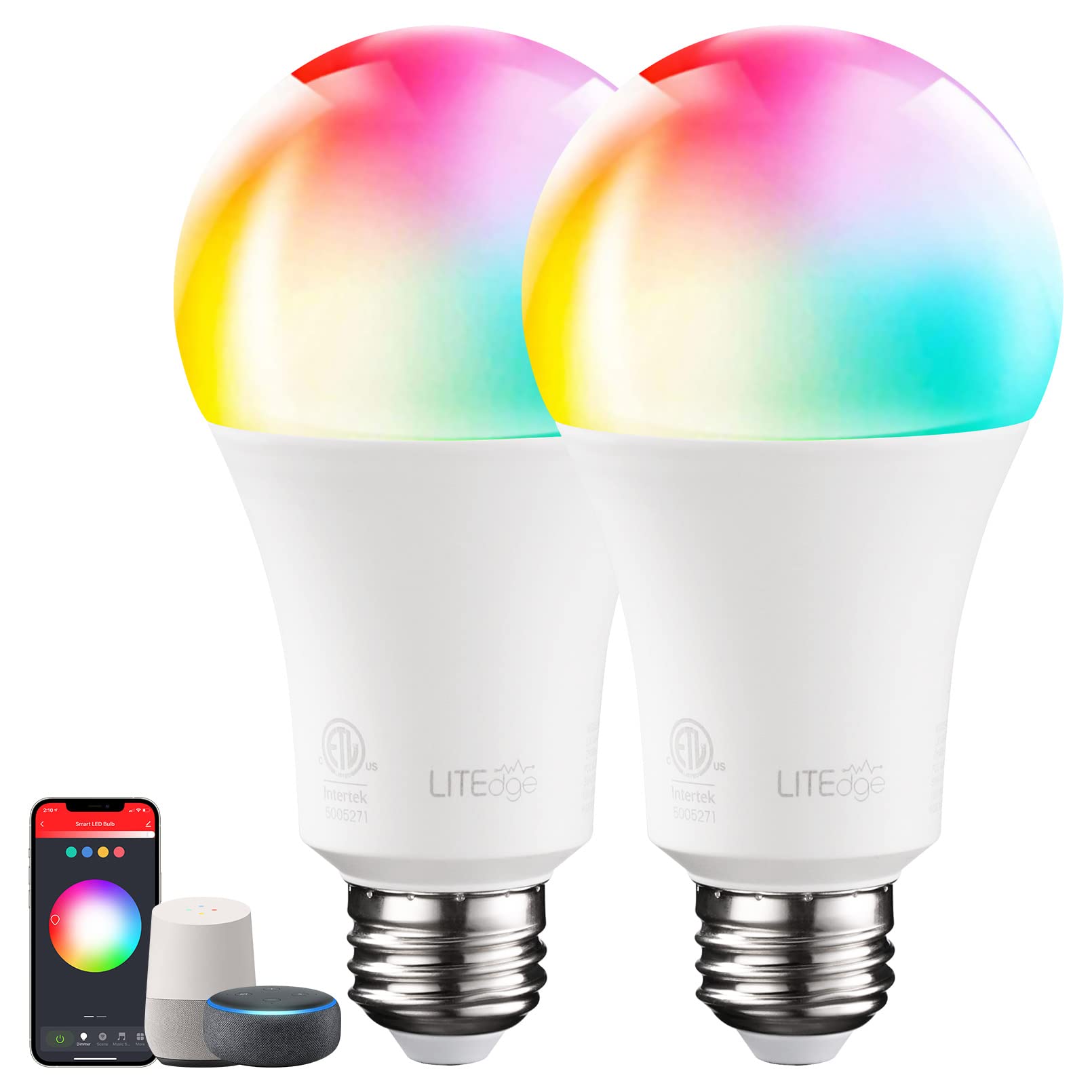 TORCHSTAR A21 Smart LED Light Bulbs - WiFi & Bluetooth, Compatible with Alexa, Google Home, Siri - 2000K-5000K RGBCW Full Color Changing, No Hub Required, 75W Equivalent, E26 Base (2-Pack) - Perfect for Bedroom, Living Room & Smart Home Automation