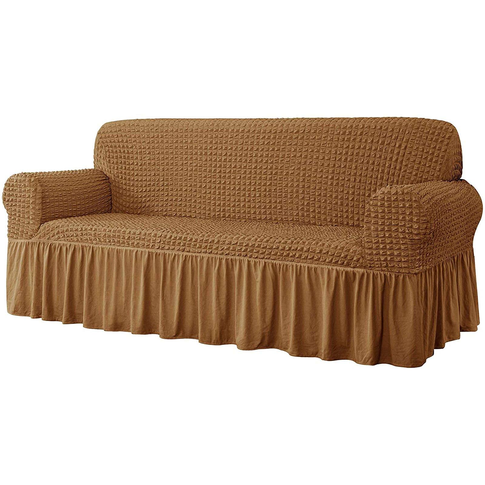 JHLD Stretch Sofa Slipcover - 1-Piece Washable Seersucker Furniture Protector with Skirt for 2-Seat Couch (145-178cm/57-70in) in Almond Color | Perfect for Living Room, Family Room & Home Decor Protection