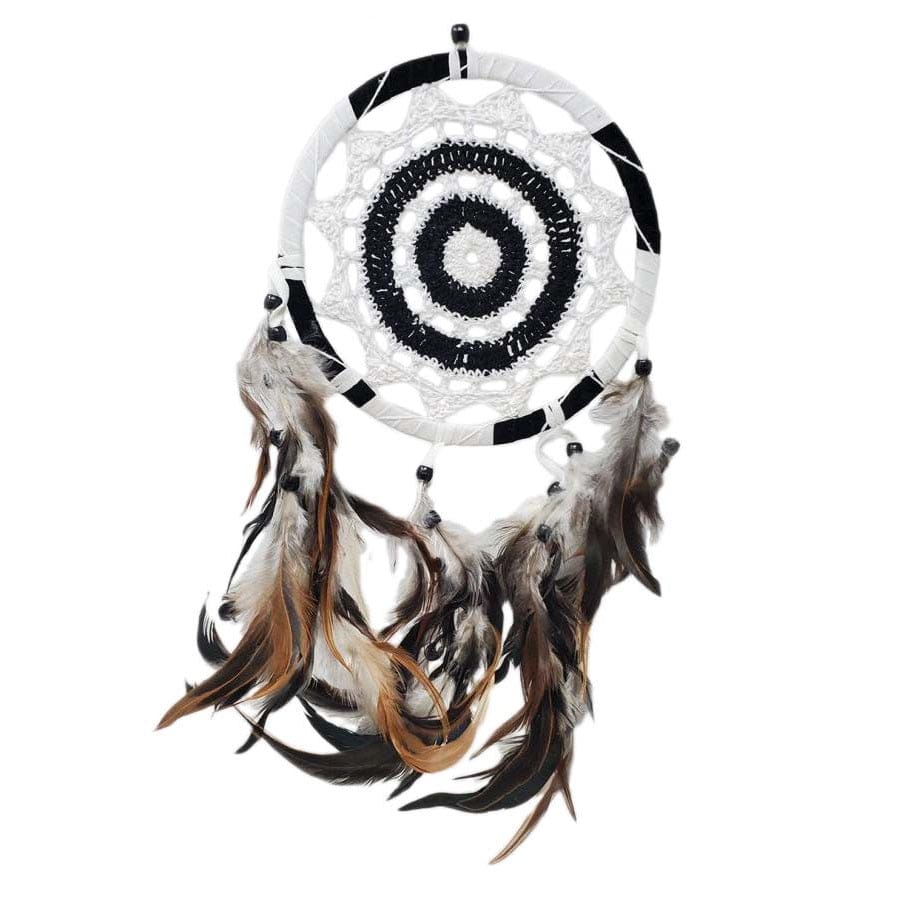 Handmade Black and White Crochet Dream Catcher with Natural Feathers - Boho Wall Hanging Decor for Bedroom, Nursery, or Living Room