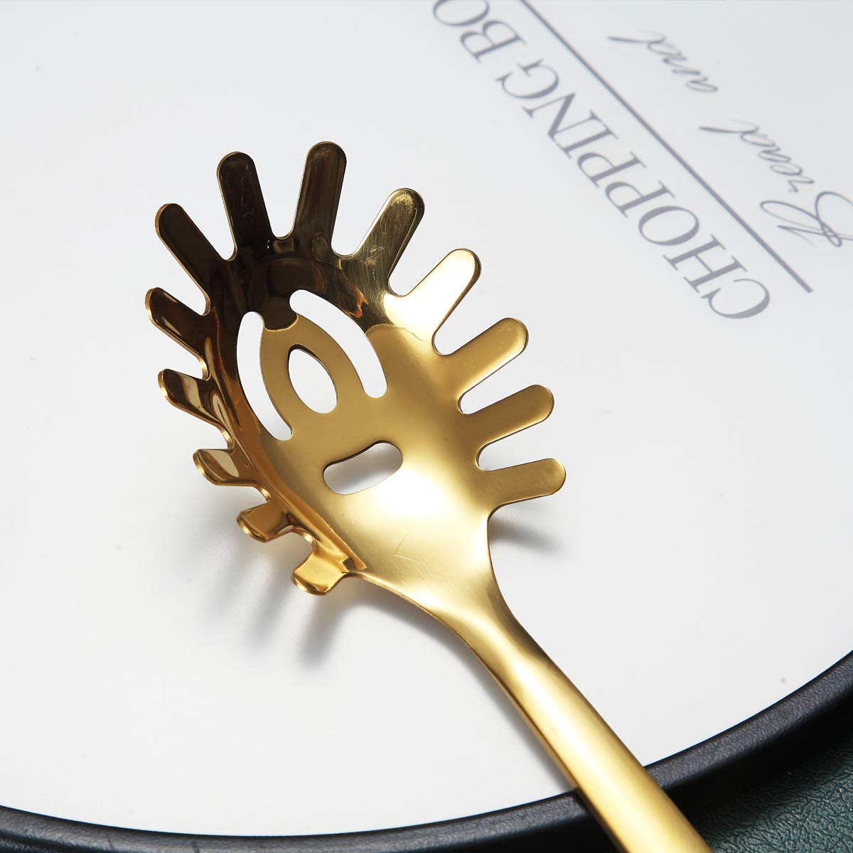 Premium Titanium Gold-Plated Spaghetti Spoon - Berglander Stainless Steel Pasta Server & Noodle Fork for Cooking - Dishwasher Safe & Easy to Clean - Perfect for Italian Dinners, Pasta Parties & Gourmet Kitchens