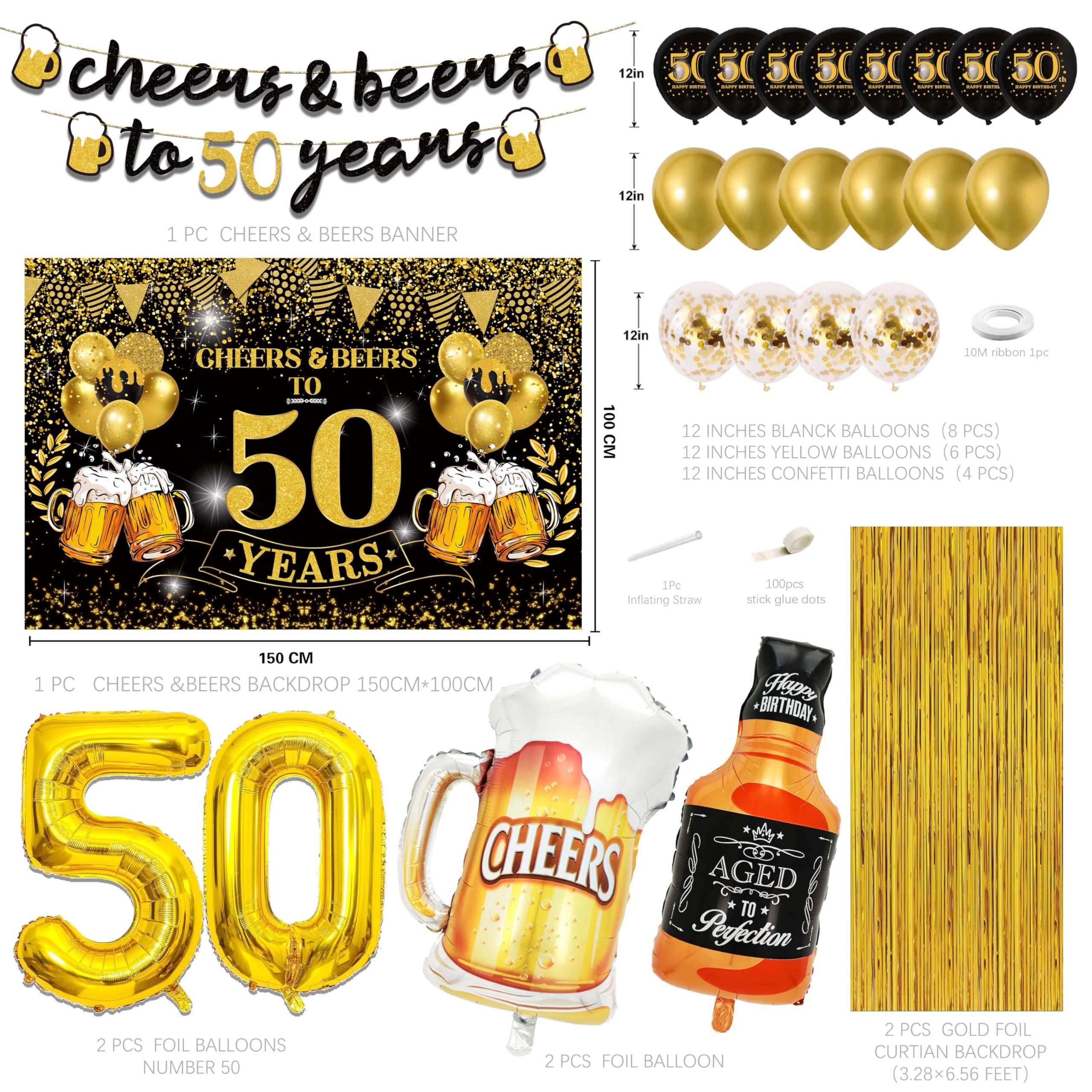 Black and Gold Cheers to 50 Years Banner - 50th Birthday Party Decorations for Men & Women - Happy 50th Birthday Backdrop & Balloons - Perfect for Milestone Celebrations, Retirement Parties, and Anniversary Events