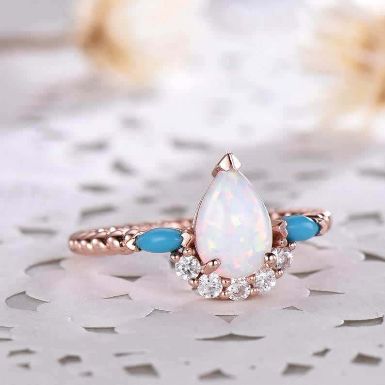 Vintage Art Deco Rose Gold Pear Shaped Opal Engagement Ring with CZ Diamond & Turquoise Accents – Elegant Bridal Jewelry for Women, Wedding, Promise, Anniversary Gift – Perfect for Proposals, Romantic Occasions & Special Celebrations